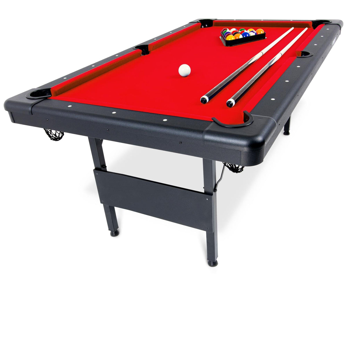 Red felt GoSports 6 ft portable pool table with black rails, folding legs, net pockets, 2 cues, racked balls & cue ball