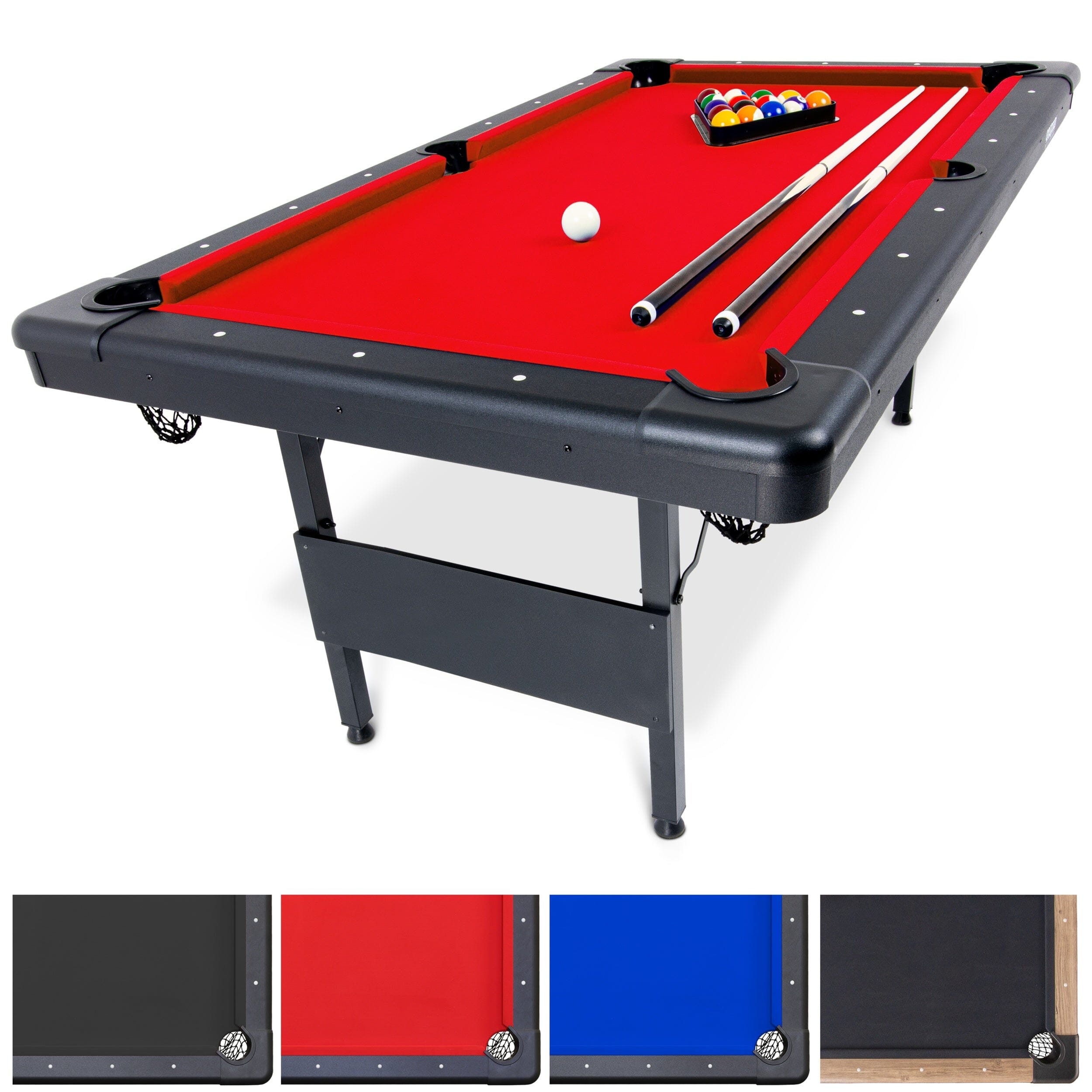 GoSports 6 ft Billiards Tables - No Assembly, Choose Your Color - Portable Pool Table Includes Full Set of Balls, 2 Cue Sticks, Chalk and Felt Brush GoSports Red 