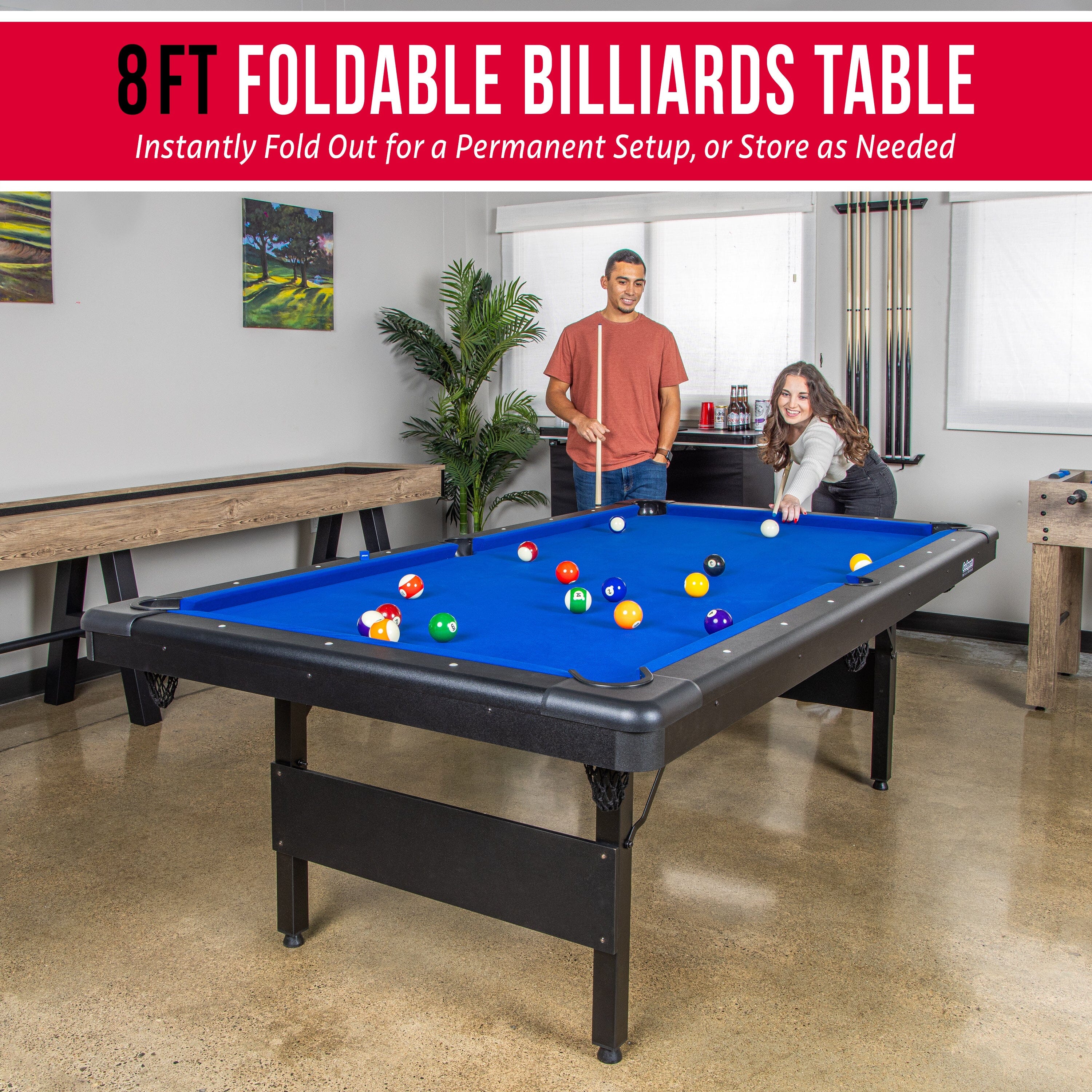 GoSports Full Size 8 ft x 4.2 ft Billiards Game Table - Foldable Design, Includes Full Set of Pool Balls, 2 Cue Sticks, Chalk, and Felt Brush - Blue GoSports 