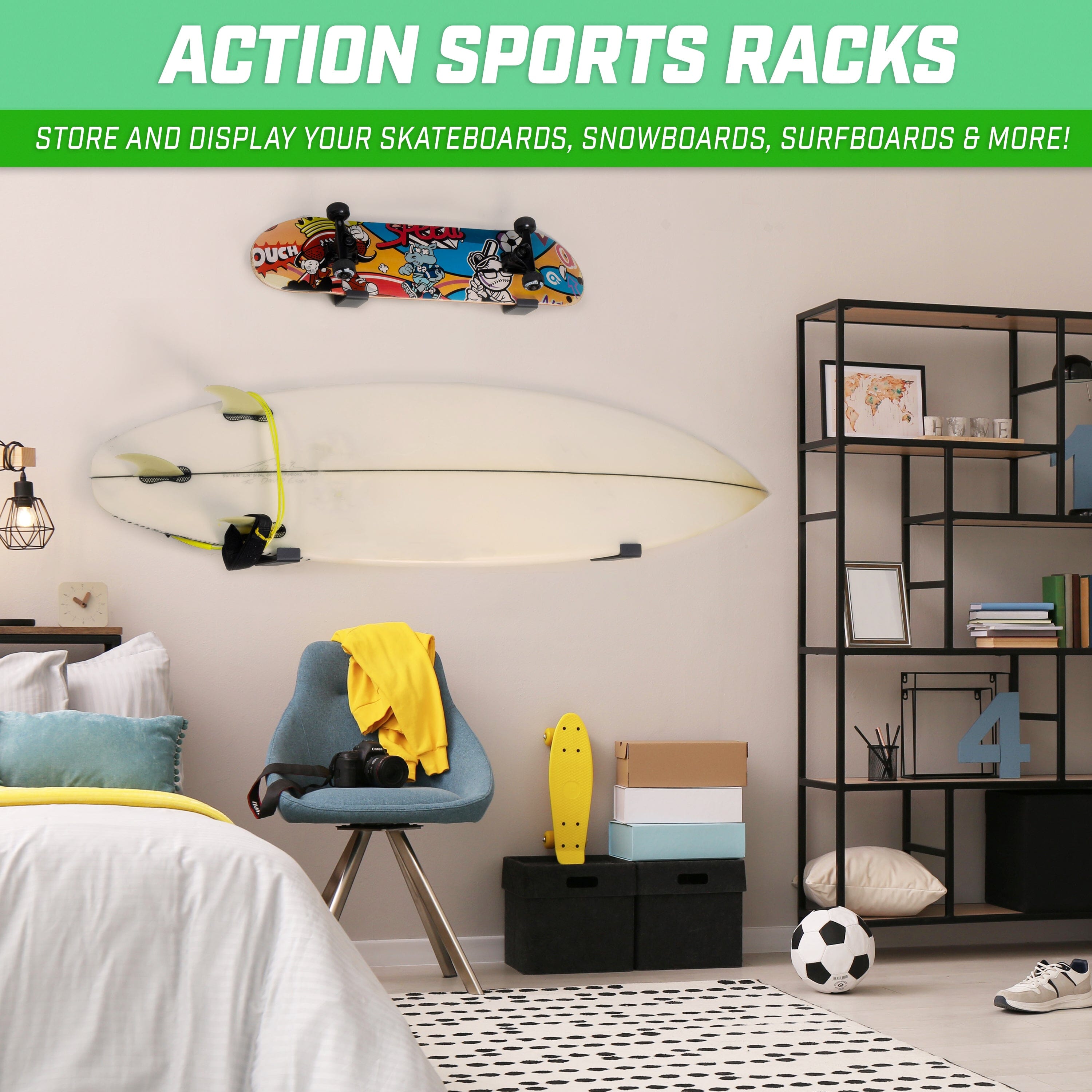 a bedroom with a surfboard on the wall