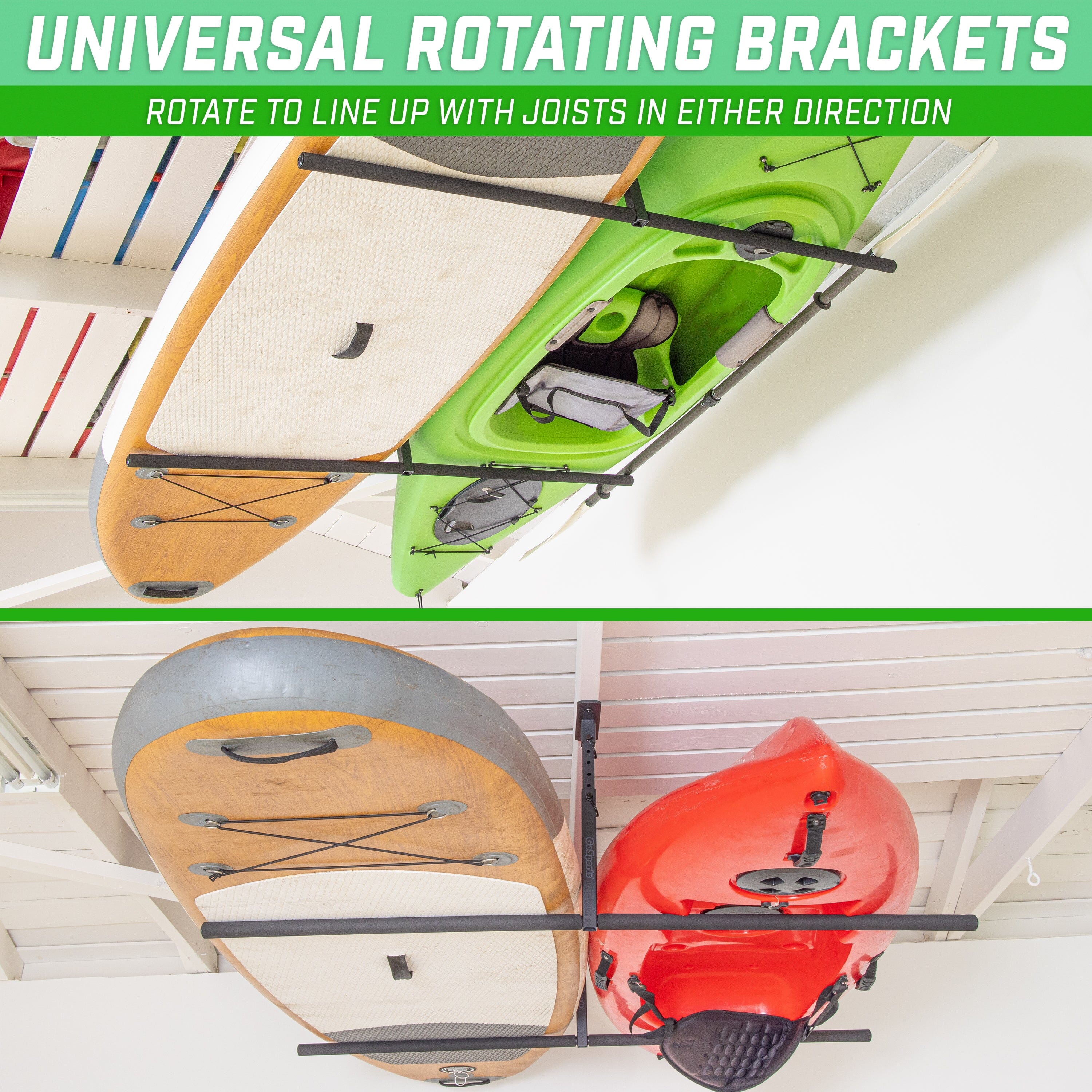 a couple of kayaks hanging from a ceiling