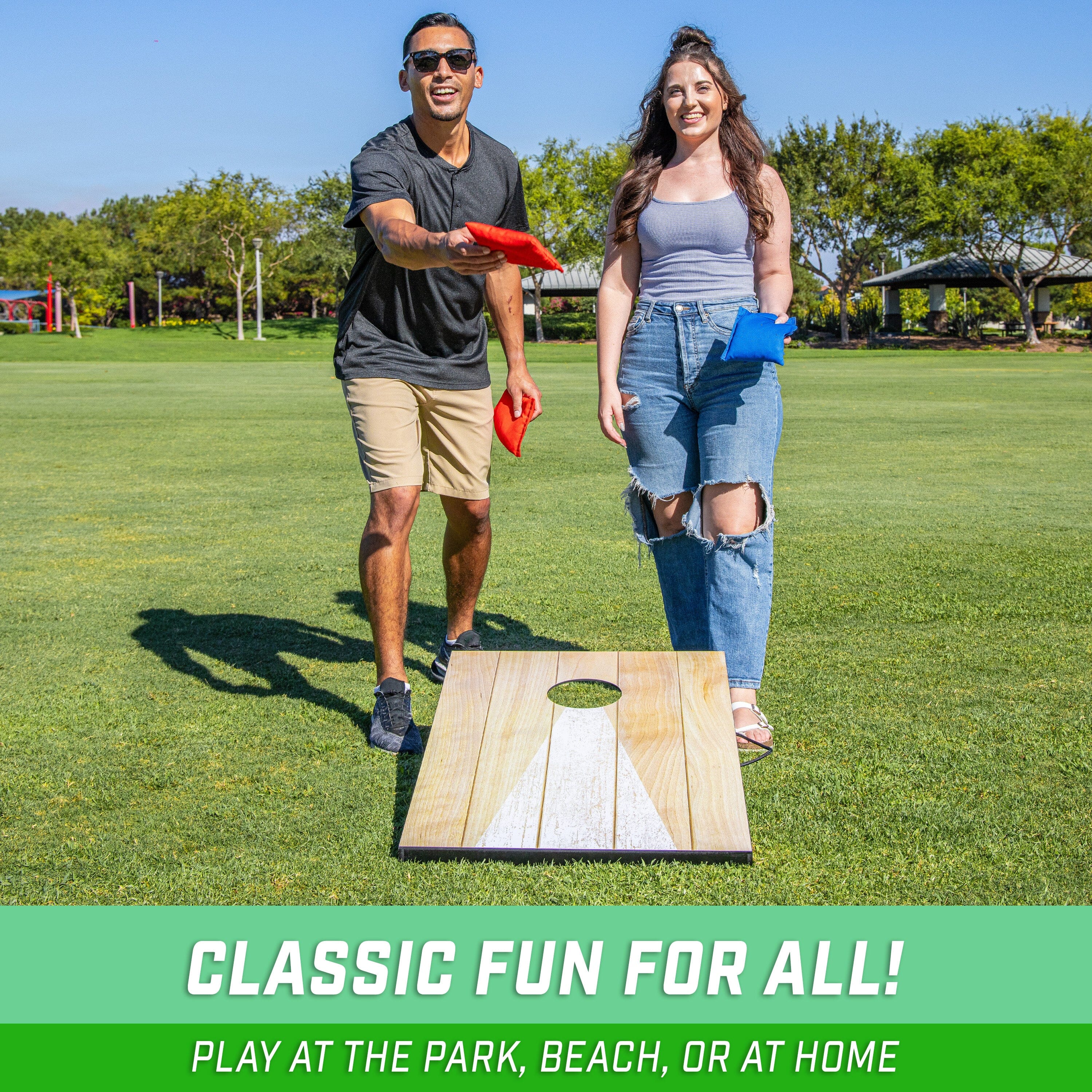 GoSports 3 x 2 ft Cornhole Board Set - Portable Outdoor Toss Game for Adults & Family - Includes Set of 8 Bean Bags with Built-in Storage - Bright Rustic GoSports 