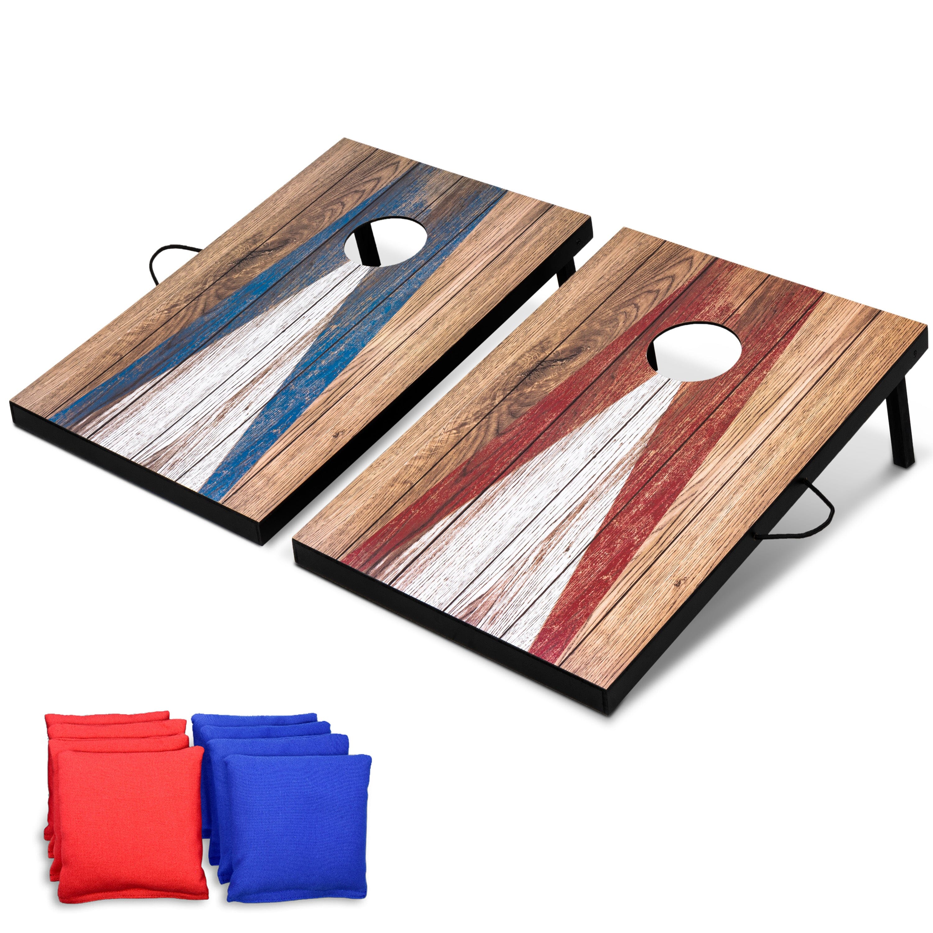 A set of GoSports cornhole boards with rustic finish, including 8 red and blue bean bags, and a set of rules.