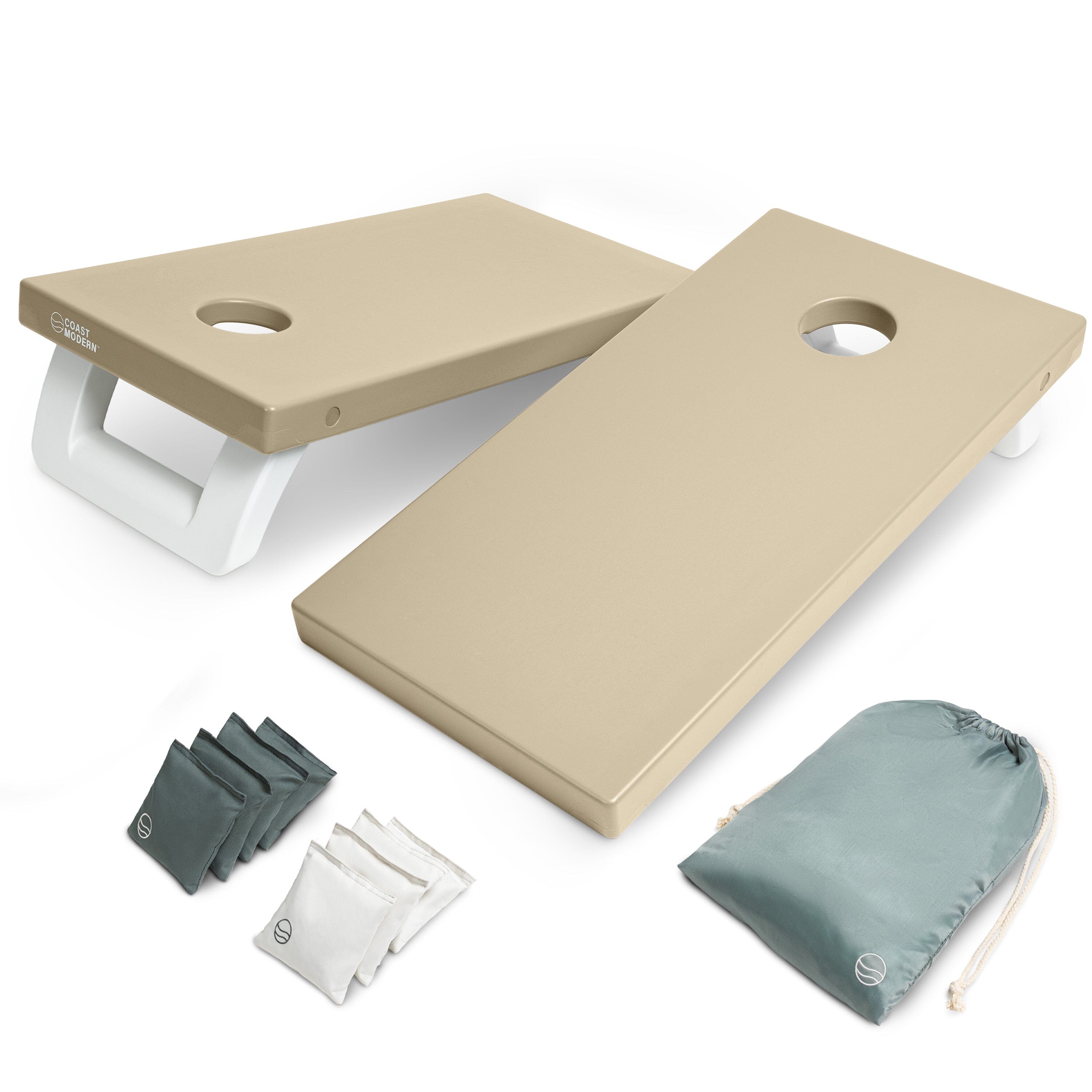 Beige cornhole boards with bags on a white background