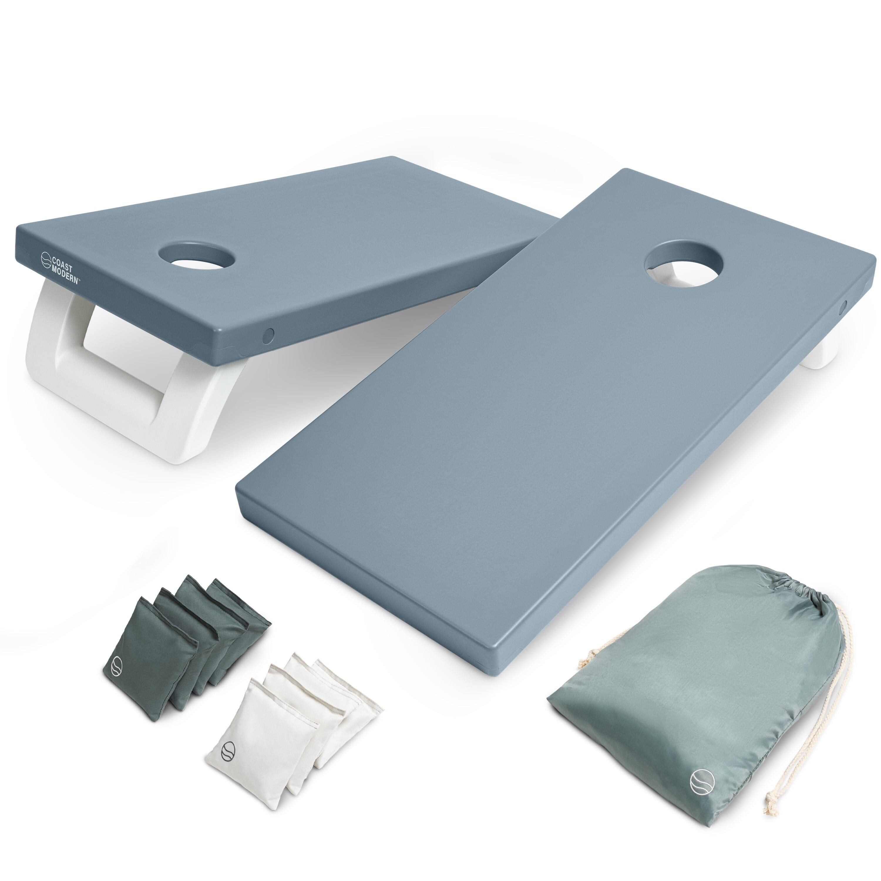 Cornhole set with blue boards, bags, and carrying bag on a white background