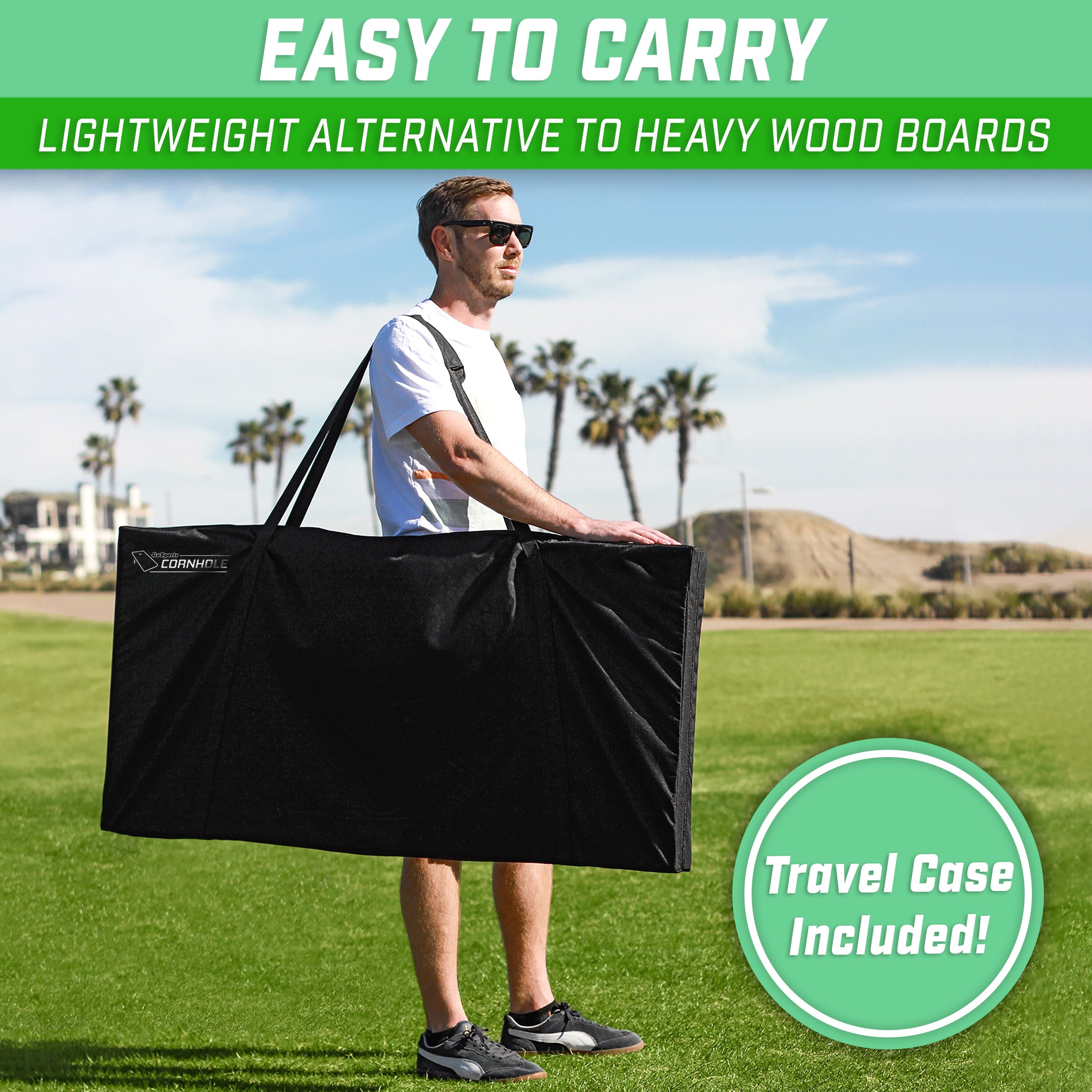 a man carrying a large black bag on a green field text displays easy to carry lightweight alternative to heavy wood boards