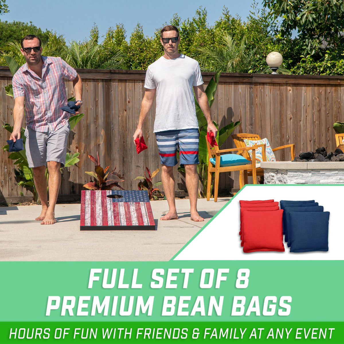 Two players on a patio tossing bags at a GoSports American flag cornhole set, inset of 8 red & navy bags