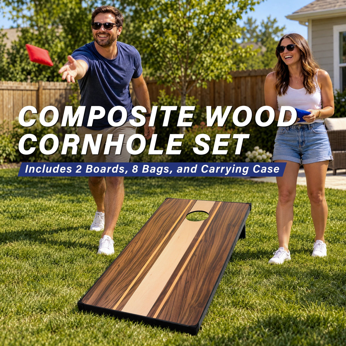Couple playing on a GoSports walnut composite wood cornhole set in a backyard, includes 2 boards, 8 bags & case