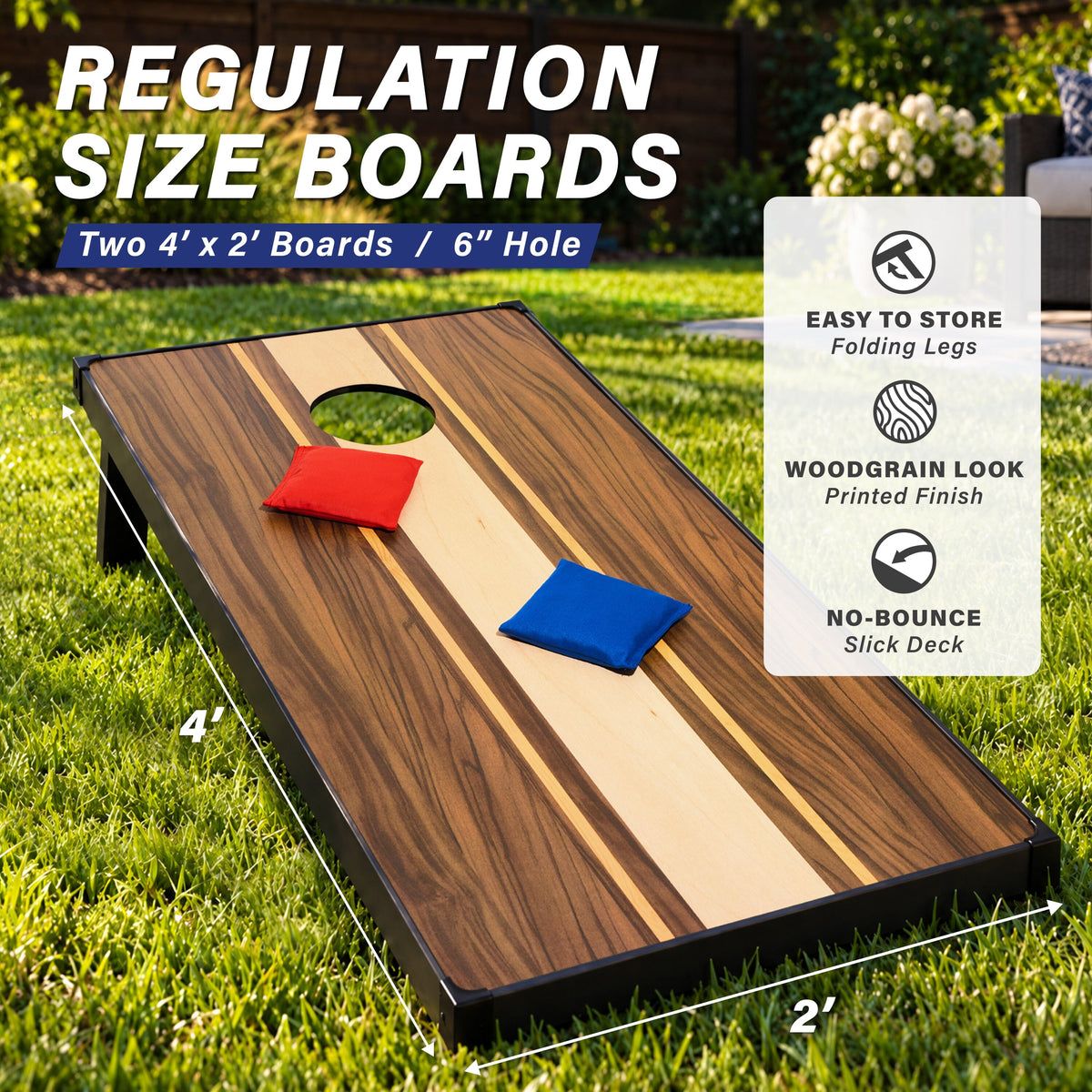GoSports walnut cornhole board on grass, two 4x2 ft boards with 6 inch hole, folding legs & printed wood grain