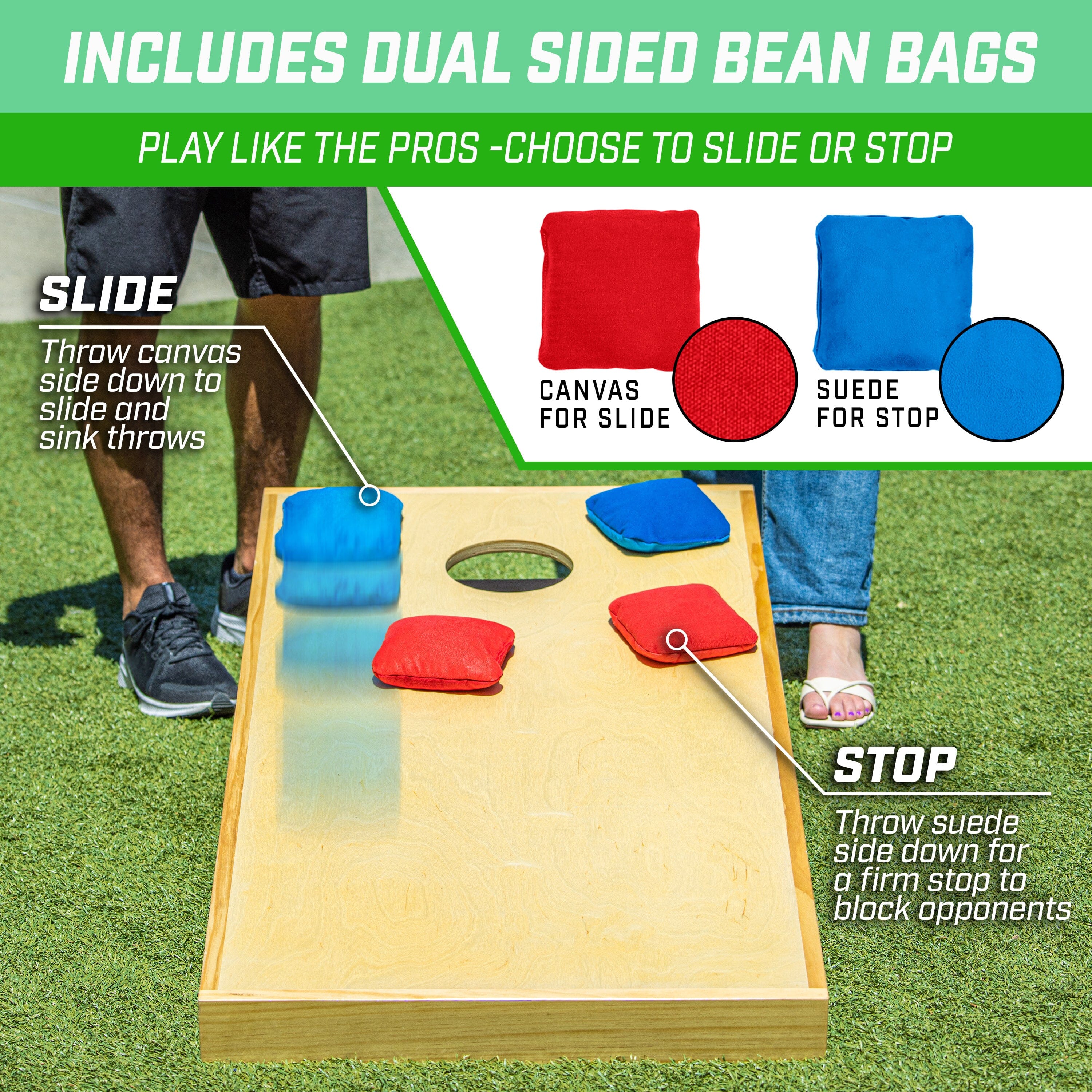 GoSports Wood Design Cornhole Game Set - Inclusief twee planken, 8 zitzakken en draagtas, rood, blauw, 3'x2 GoSports Wood Design Cornhole Game Set - Inclusief twee planken, 8 zitzakken en draagtas, rood, blauw, 3'x2