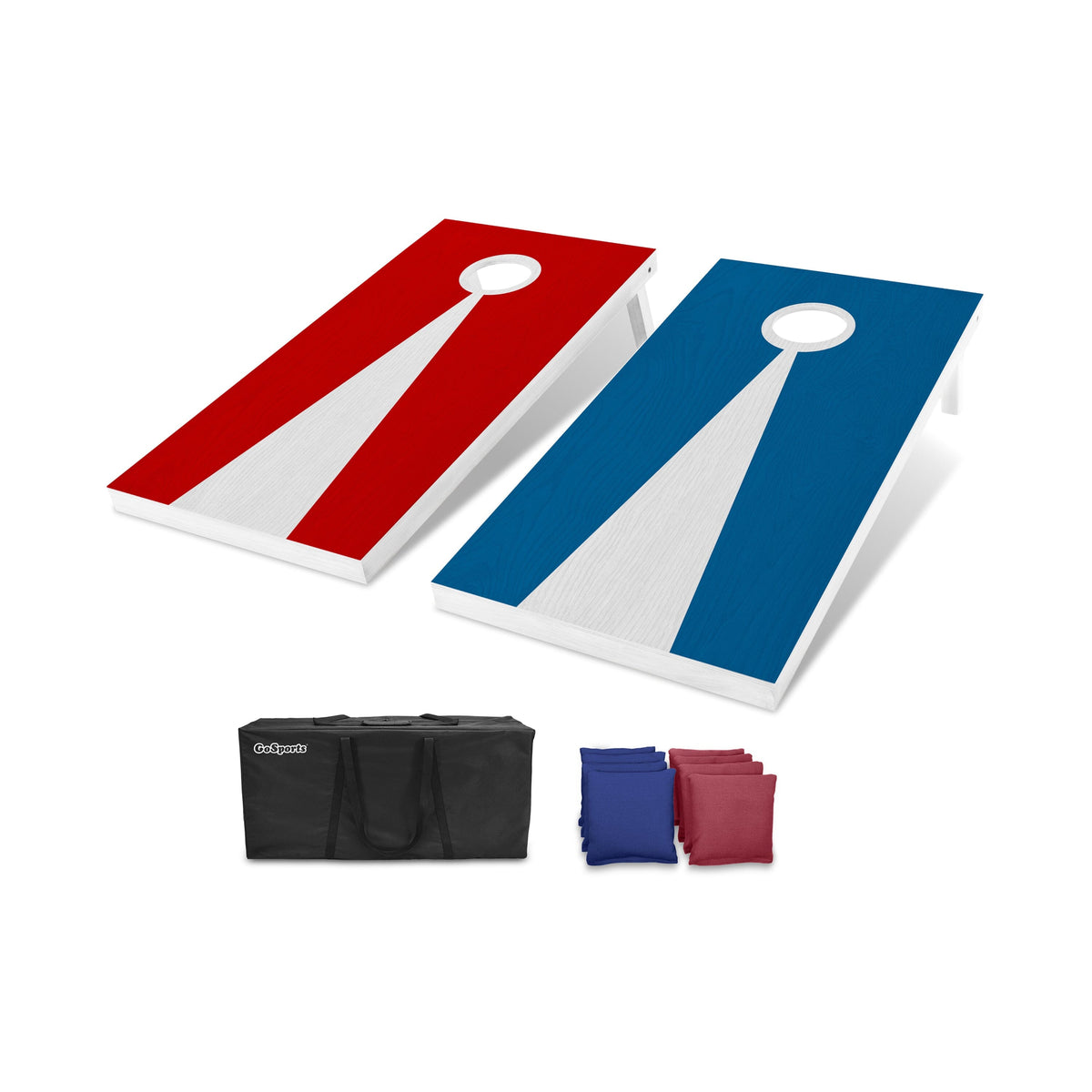 Light red and blue solid wood cornhole