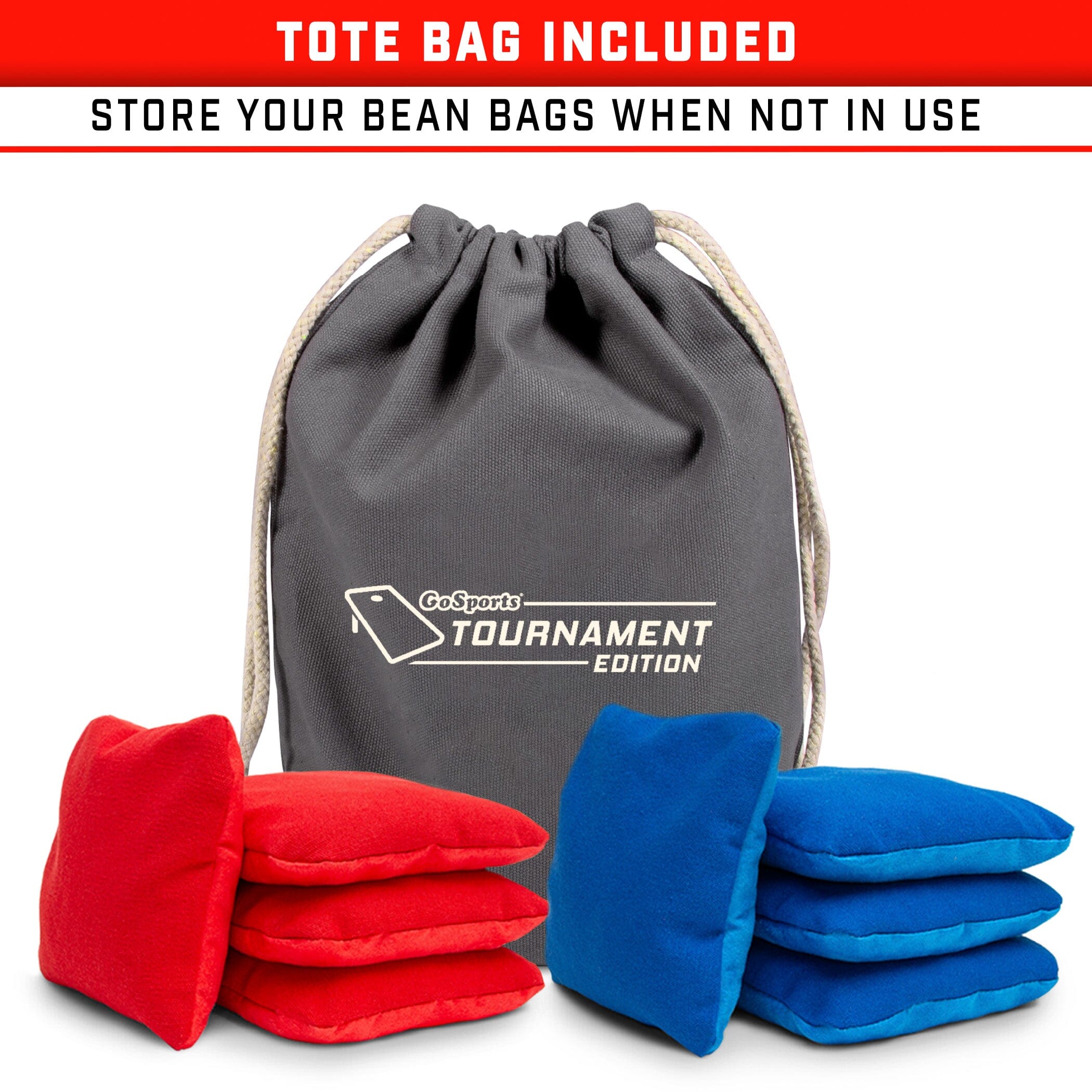 a gray bag with four red and four blue bean bags