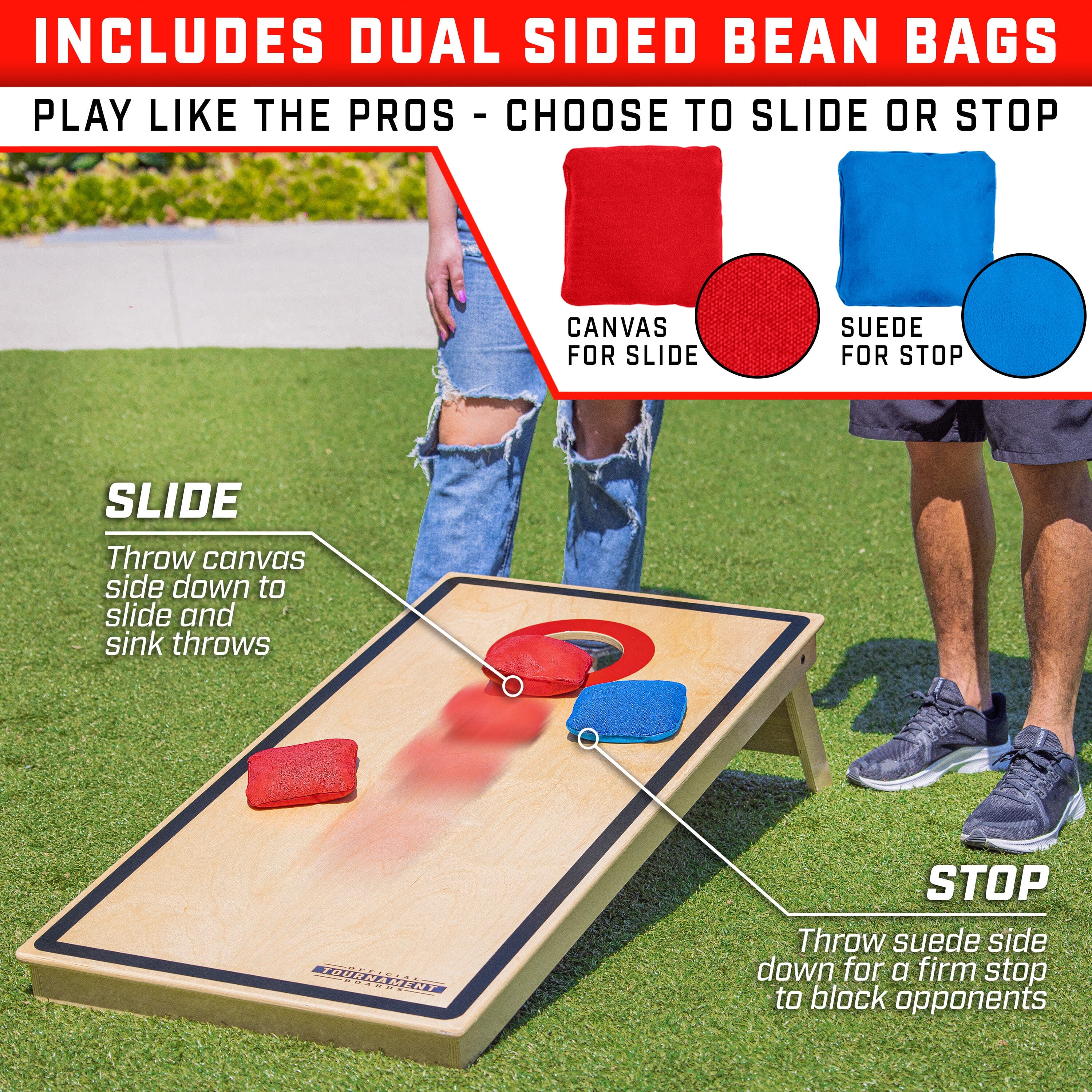 includes dual sided bean bags canvas for slide suede for stop