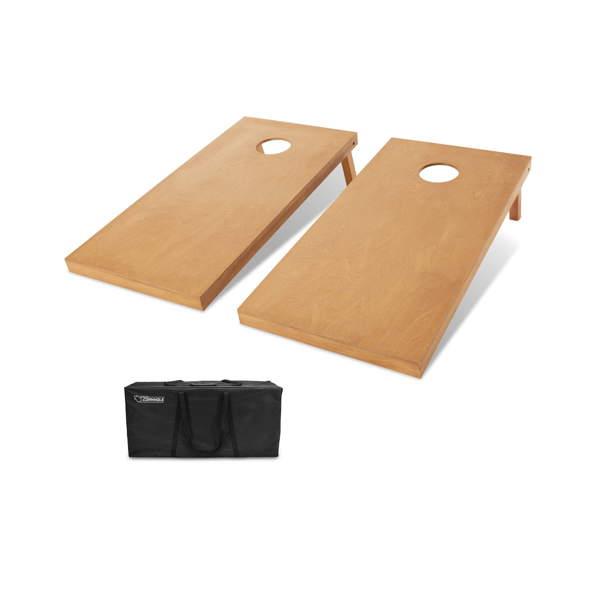 GoSports 4x2 ft light brown stained wood cornhole set with 2 regulation boards & black carrying case