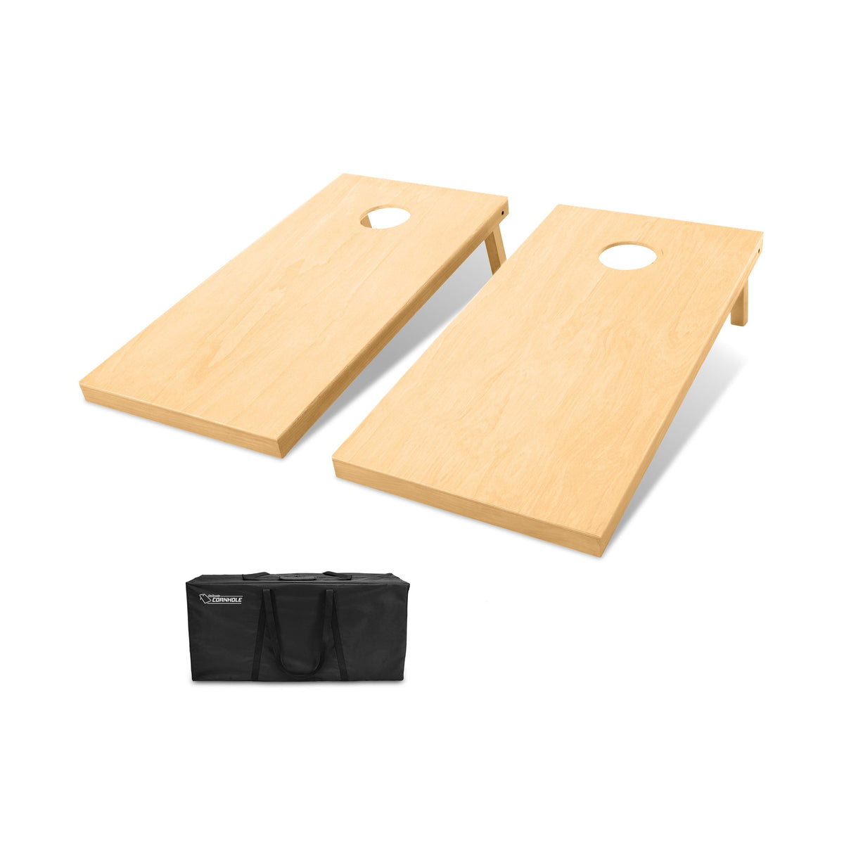 GoSports 4x2 ft natural stained wood cornhole set with 2 regulation boards & black carrying case