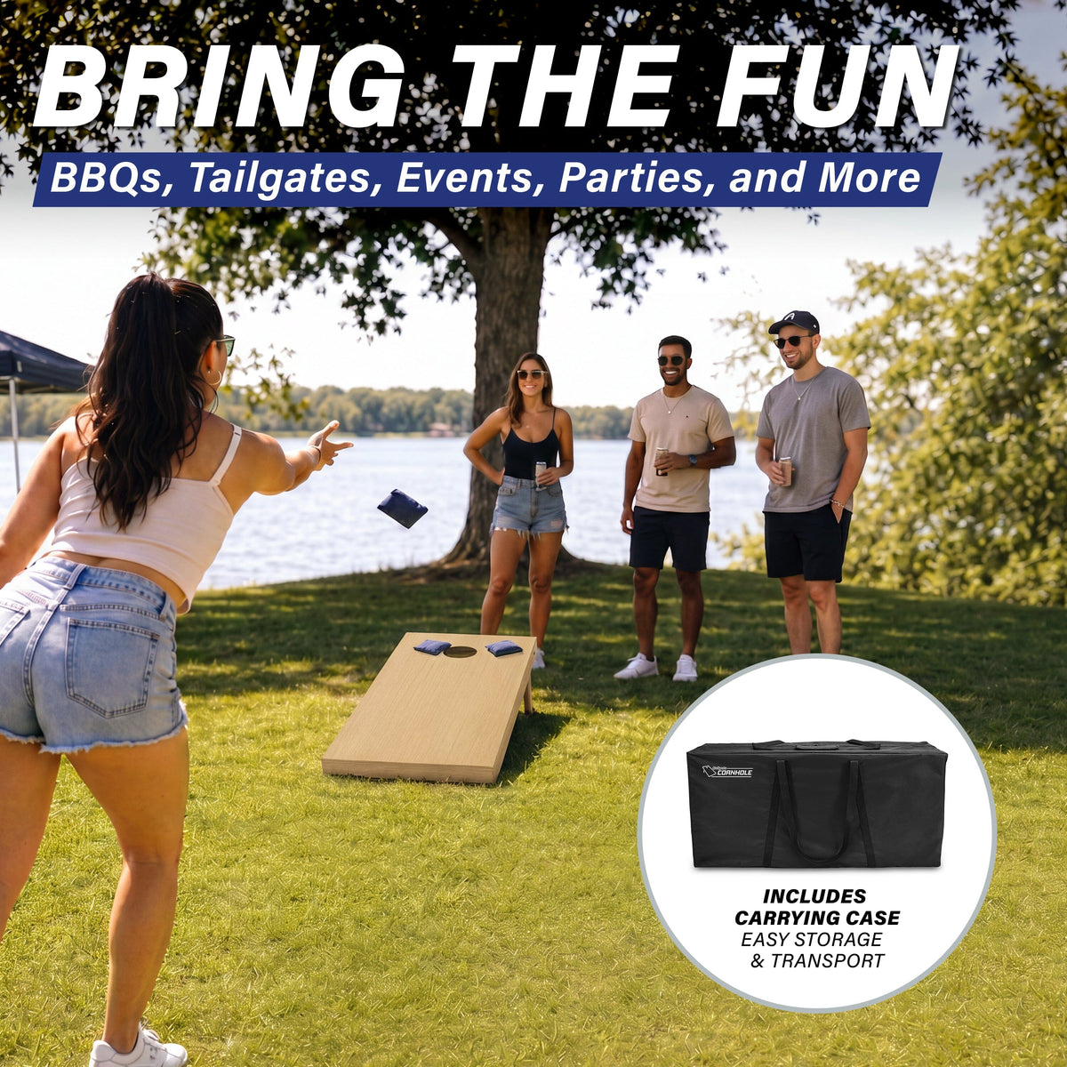Friends tossing bags at a natural wood GoSports cornhole board by a lake, inset of the included black carrying case