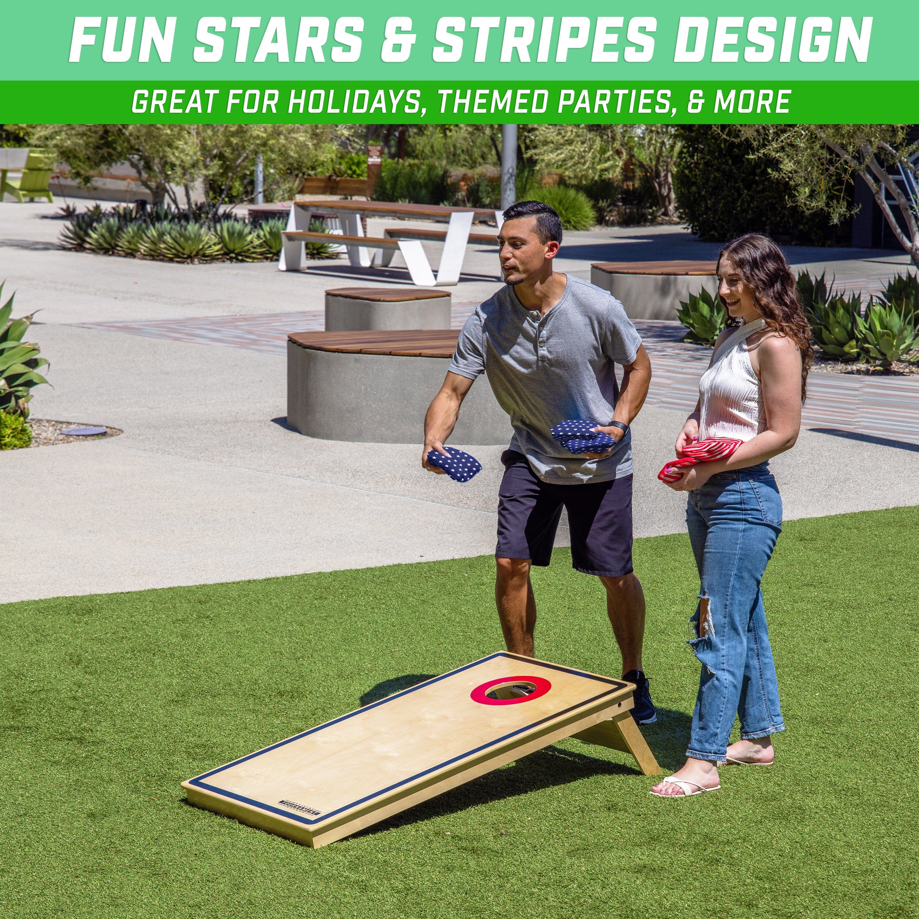 a man and woman playing cornhole game