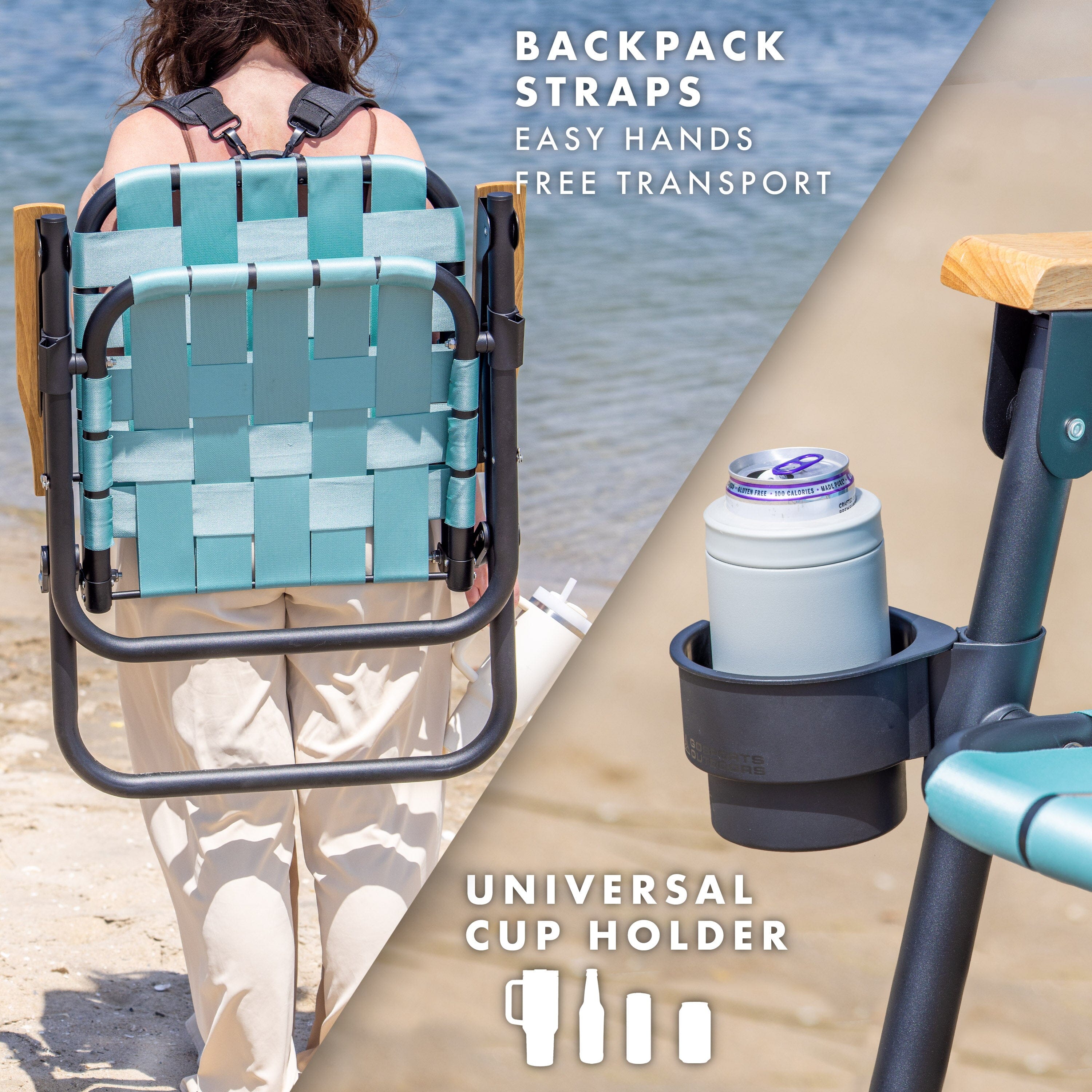 a woman walking on the beach with a backpack