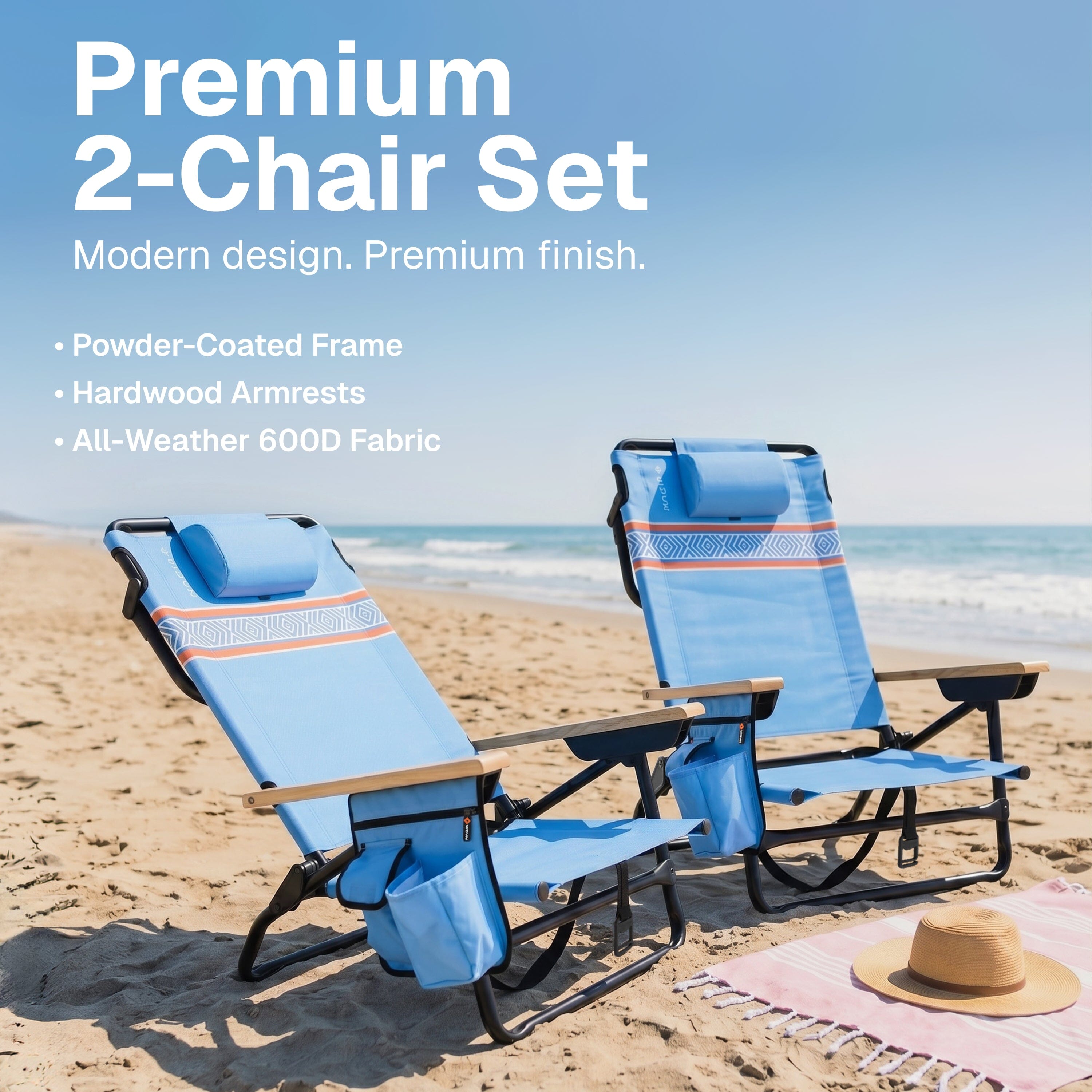 WOVN Premium Reclining Beach Chairs 2 Pack - Portable Lay Flat Folding Beach Chair for Adults - Includes Shoulder Backpack Strap, Pillow, 2 Pockets, and Cup Holder - Baja Beach Chair Playgosports.com 