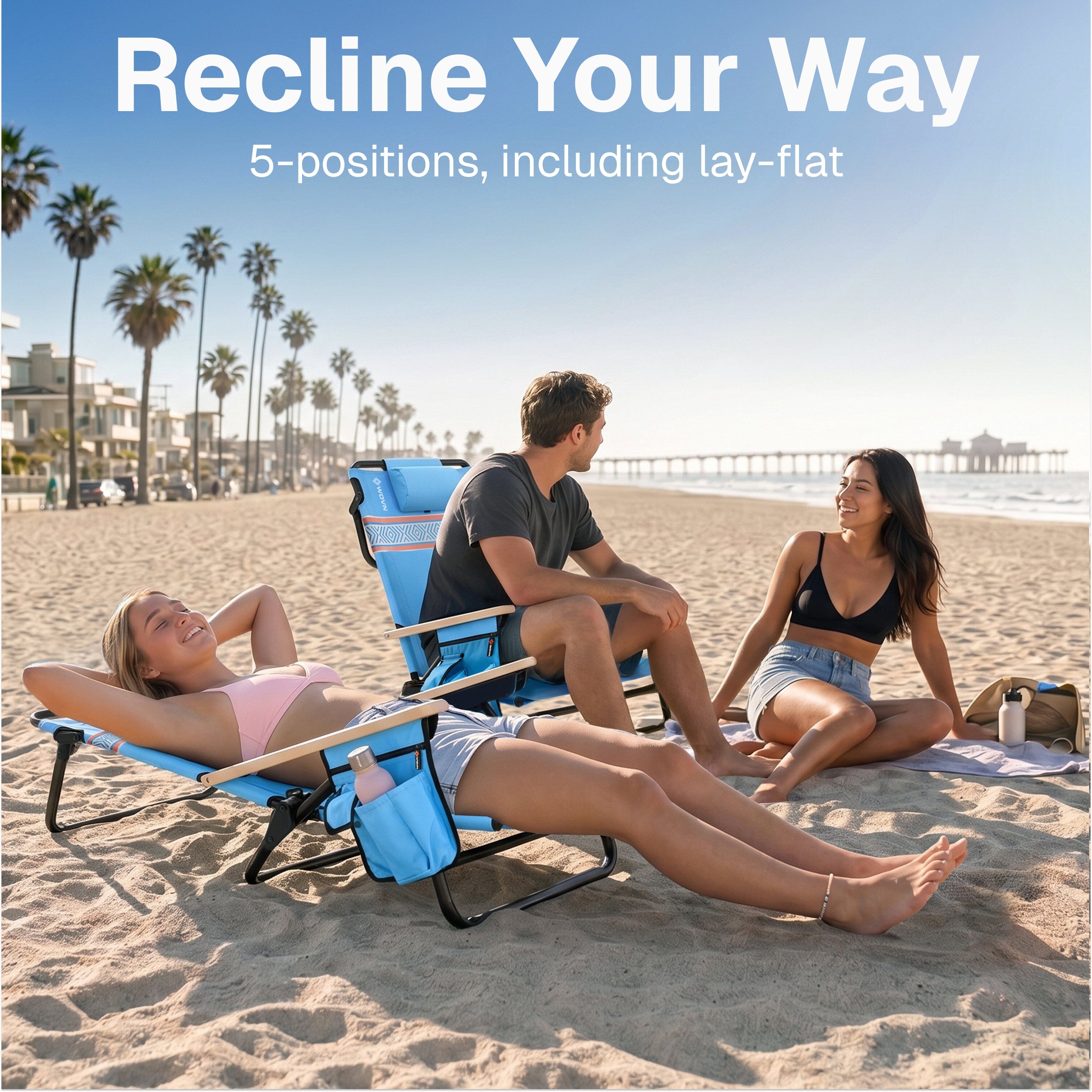 WOVN Premium Reclining Beach Chairs 2 Pack - Portable Lay Flat Folding Beach Chair for Adults - Includes Shoulder Backpack Strap, Pillow, 2 Pockets, and Cup Holder - Baja Beach Chair Playgosports.com 
