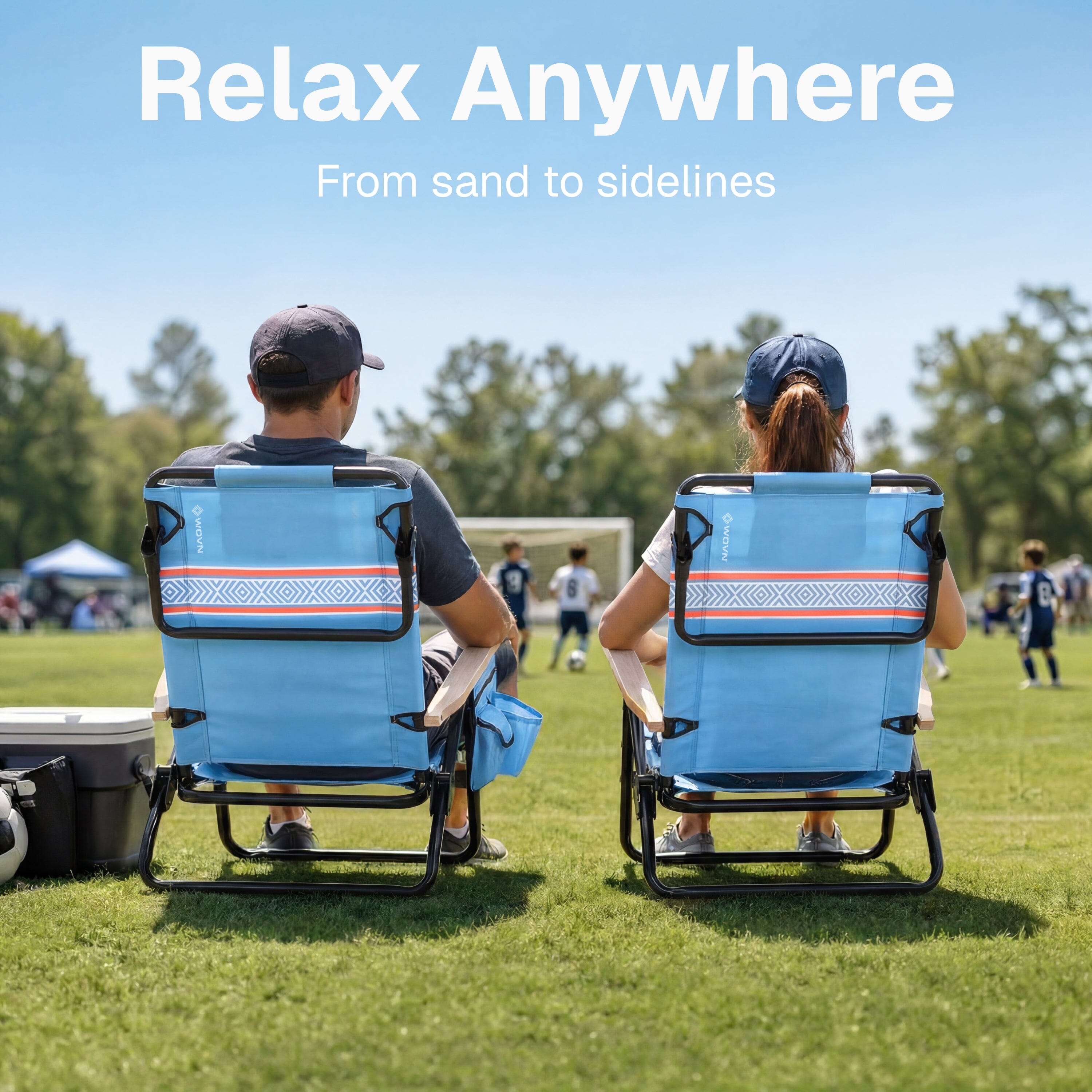 WOVN Premium Reclining Beach Chairs - Portable Lay Flat Folding Beach Chair for Adults - Includes Shoulder Backpack Strap, Pillow, 2 Pockets, and Cup Holder - Baja Beach Chair Playgosports.com 