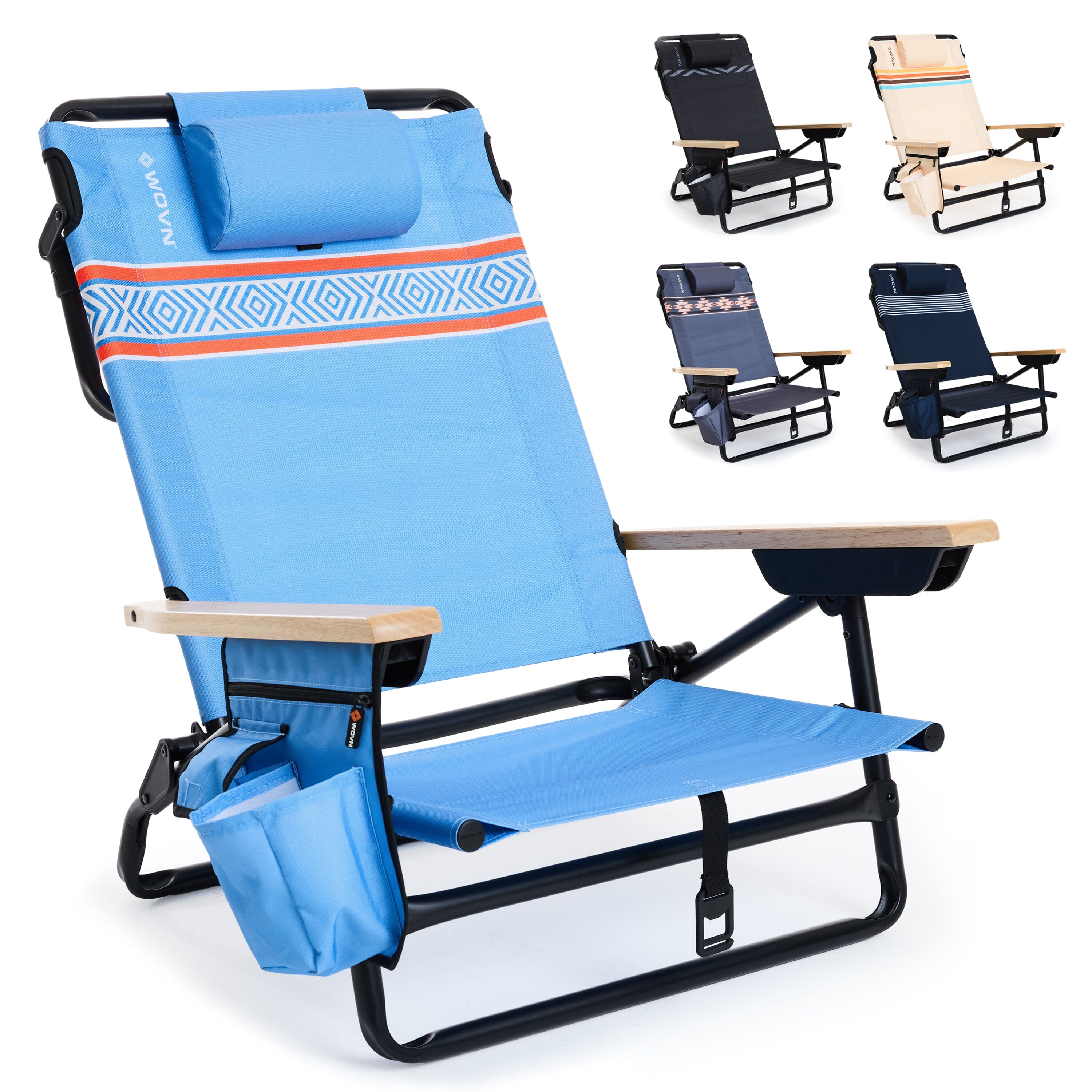 WOVN Premium Reclining Beach Chairs - Portable Lay Flat Folding Beach Chair for Adults - Includes Shoulder Backpack Strap, Pillow, 2 Pockets, and Cup Holder - Baja Beach Chair Playgosports.com Baja 