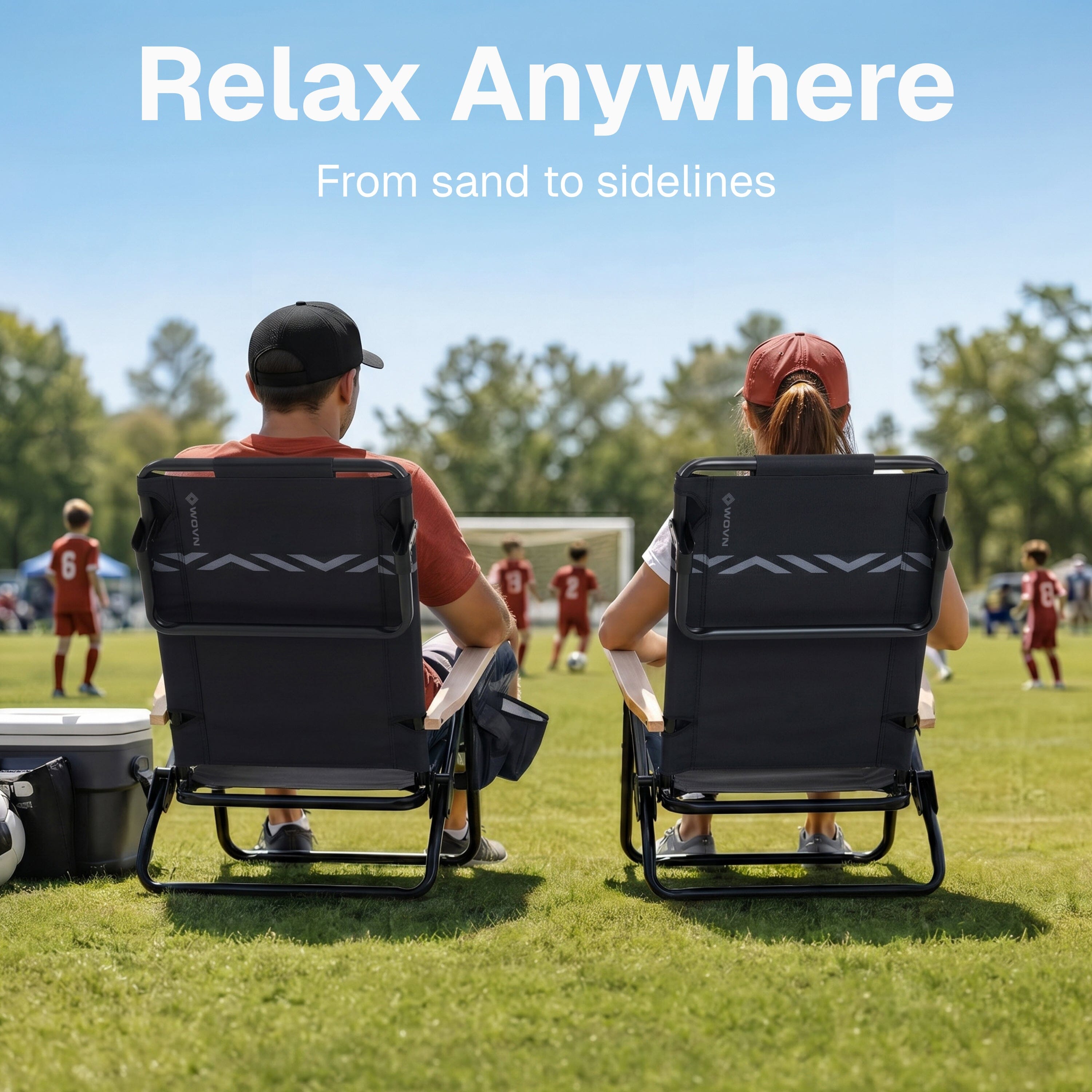 WOVN Premium Reclining Beach Chairs - Portable Lay Flat Folding Beach Chair for Adults - Includes Shoulder Backpack Strap, Pillow, 2 Pockets, and Cup Holder - Baja Beach Chair Playgosports.com 