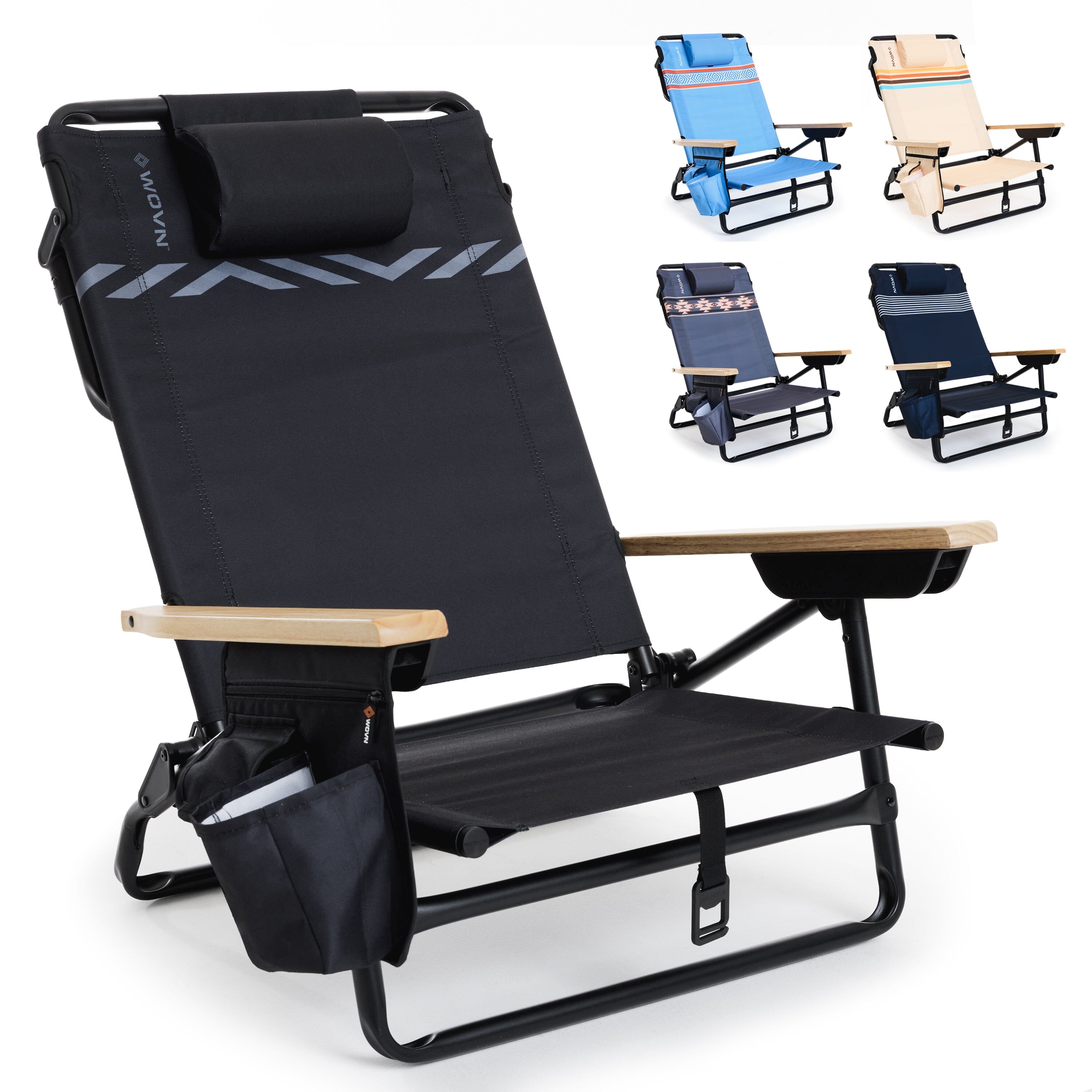 WOVN Premium Reclining Beach Chairs - Portable Lay Flat Folding Beach Chair for Adults - Includes Shoulder Backpack Strap, Pillow, 2 Pockets, and Cup Holder - Baja Beach Chair Playgosports.com Black 