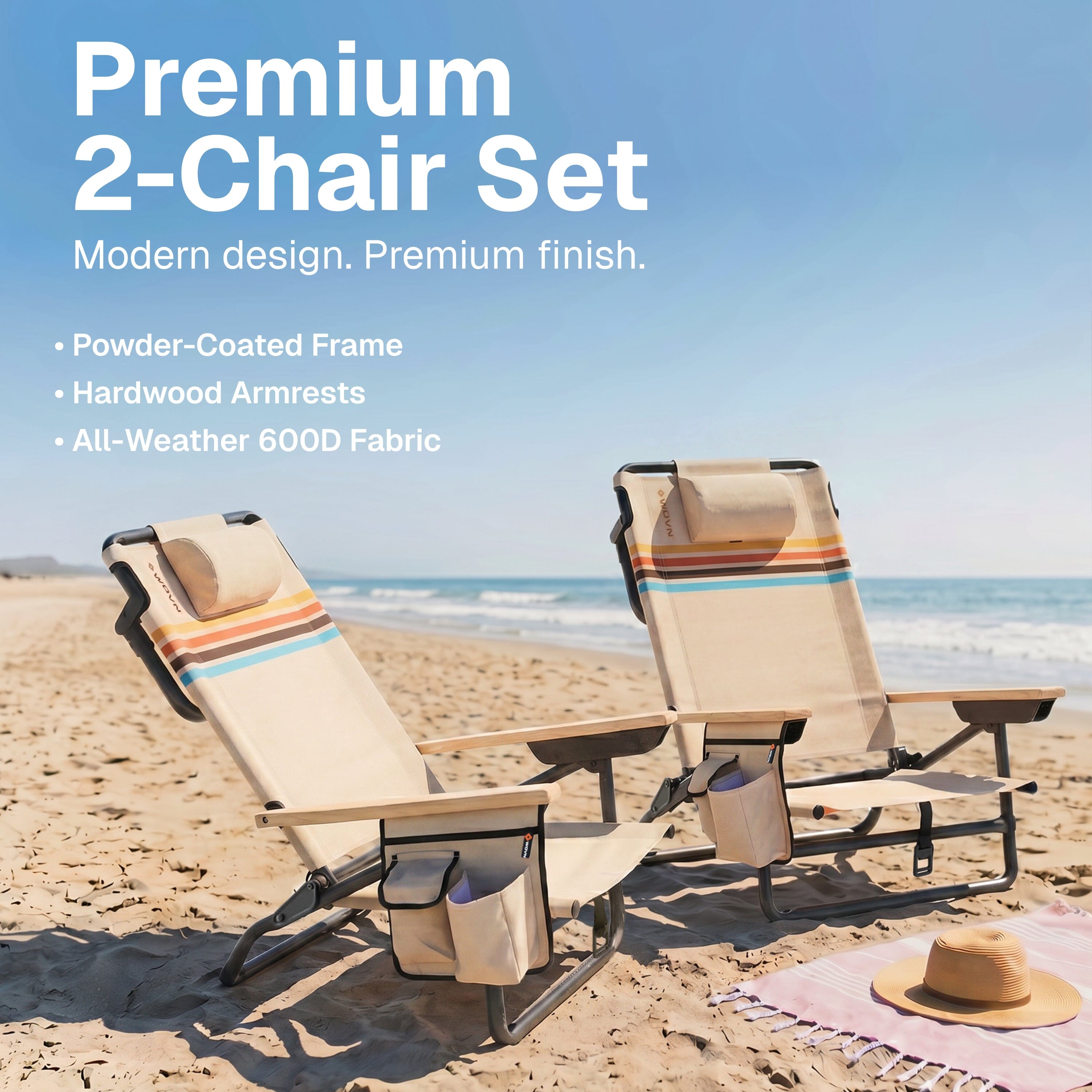 WOVN Premium Reclining Beach Chairs 2 Pack - Portable Lay Flat Folding Beach Chair for Adults - Includes Shoulder Backpack Strap, Pillow, 2 Pockets, and Cup Holder - Baja Beach Chair Playgosports.com 