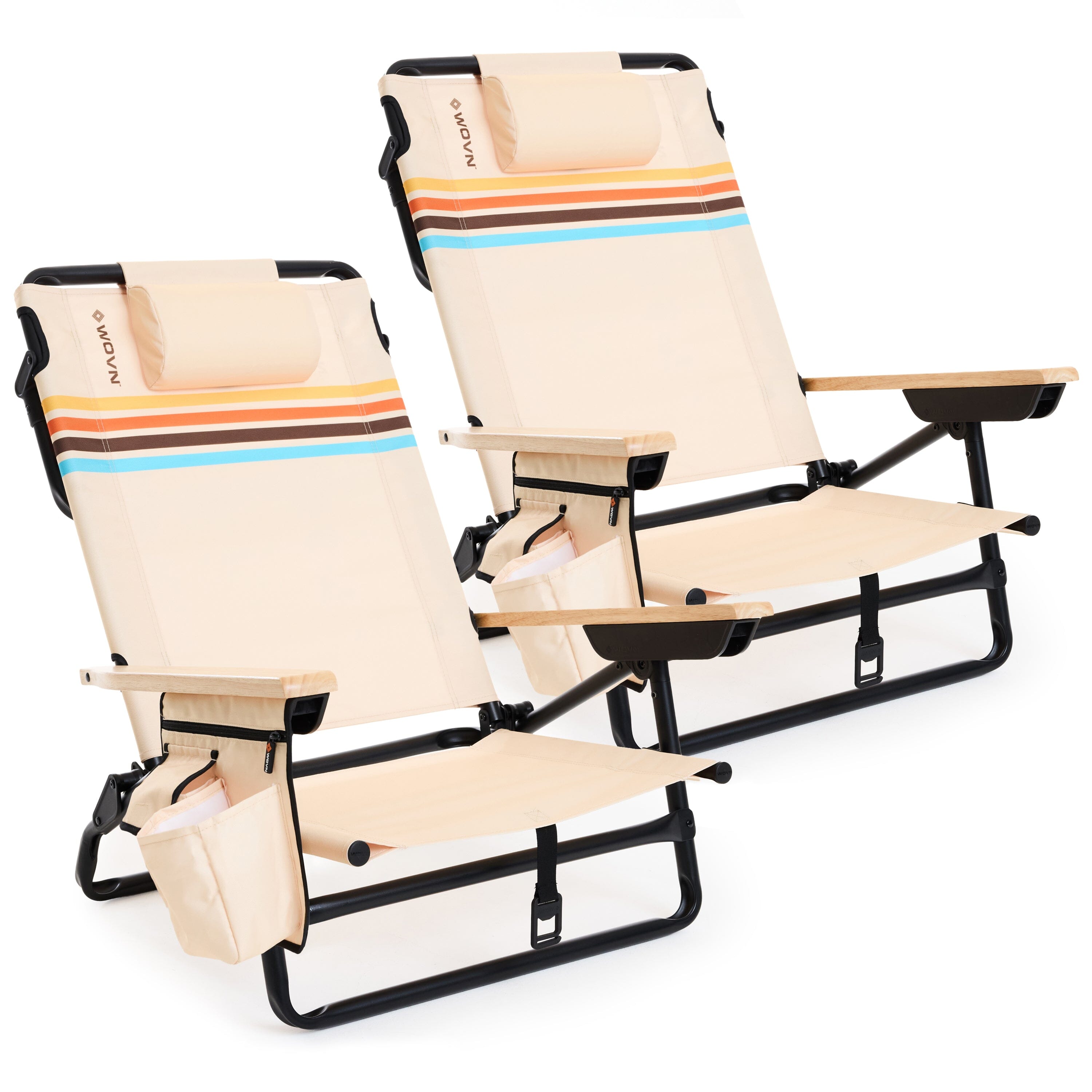 WOVN Premium Reclining Beach Chairs 2 Pack - Portable Lay Flat Folding Beach Chair for Adults - Includes Shoulder Backpack Strap, Pillow, 2 Pockets, and Cup Holder - Baja Beach Chair Playgosports.com Drifter 