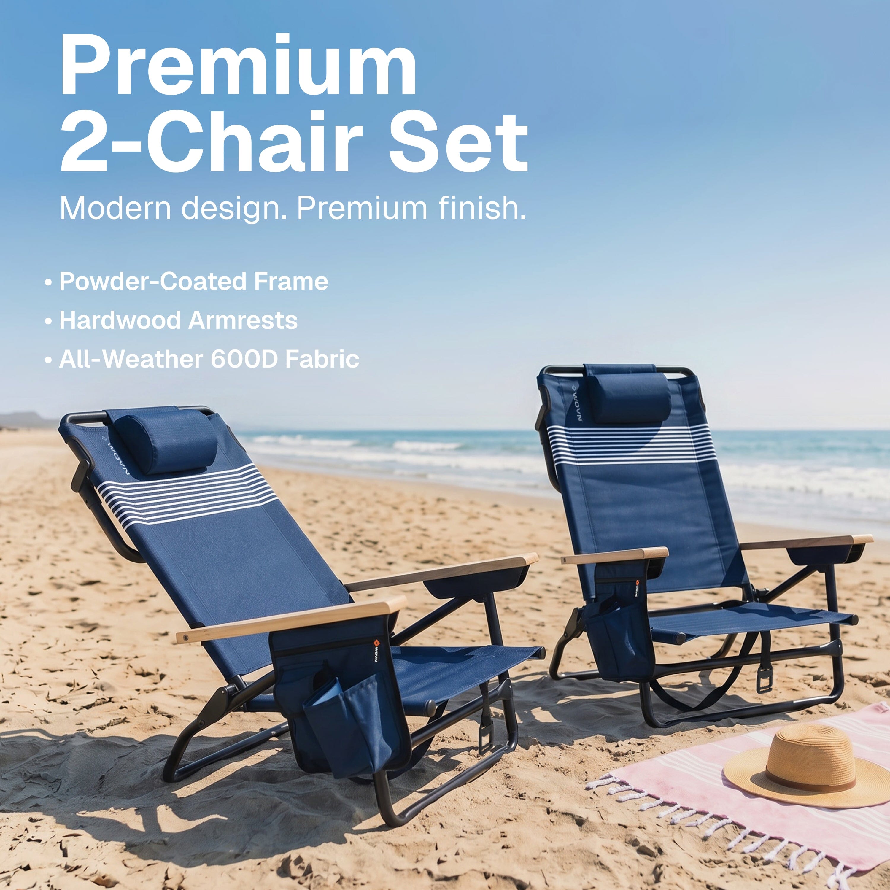 WOVN Premium Reclining Beach Chairs 2 Pack - Portable Lay Flat Folding Beach Chair for Adults - Includes Shoulder Backpack Strap, Pillow, 2 Pockets, and Cup Holder - Baja Beach Chair Playgosports.com 