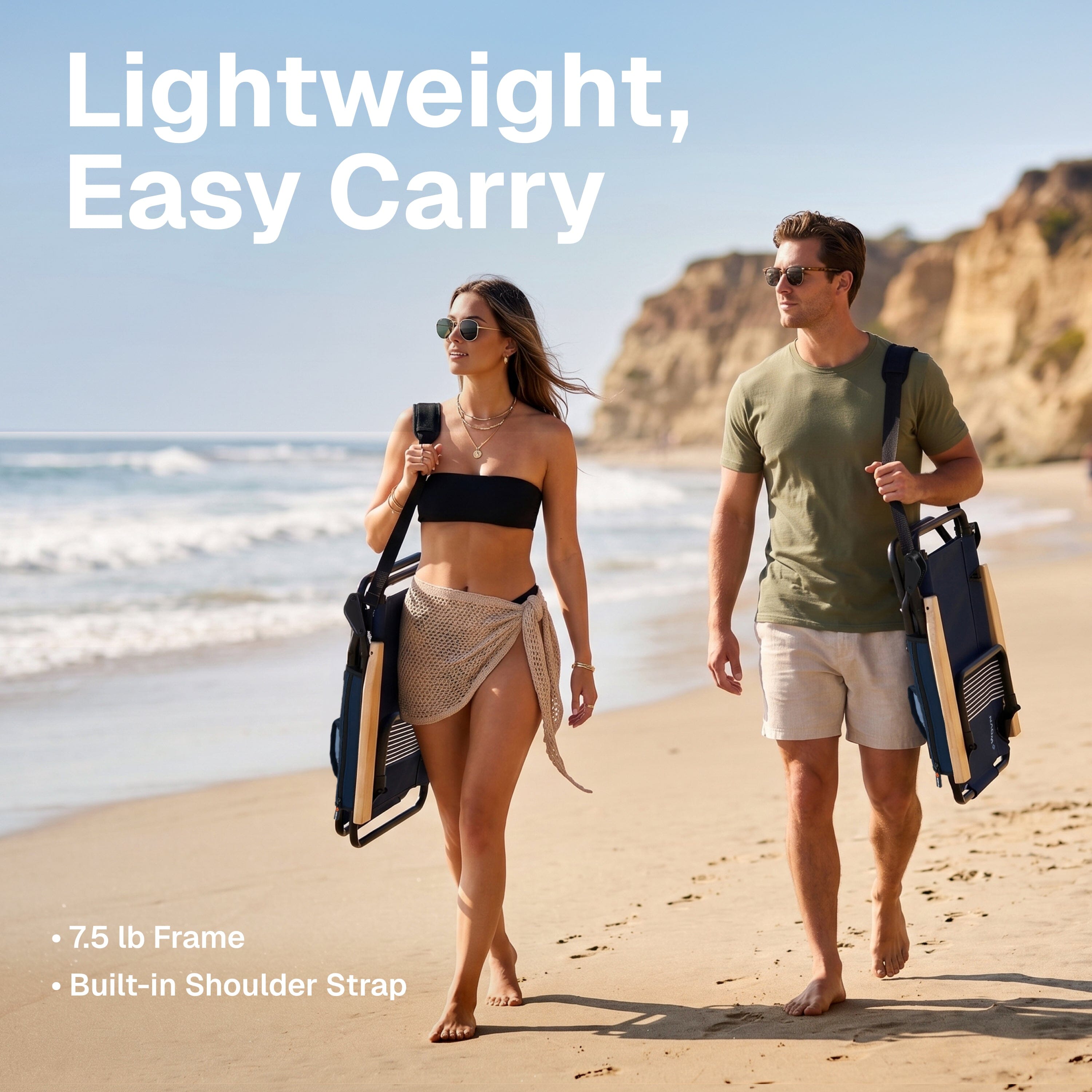 WOVN Premium Reclining Beach Chairs - Portable Lay Flat Folding Beach Chair for Adults - Includes Shoulder Backpack Strap, Pillow, 2 Pockets, and Cup Holder - Baja Beach Chair Playgosports.com 