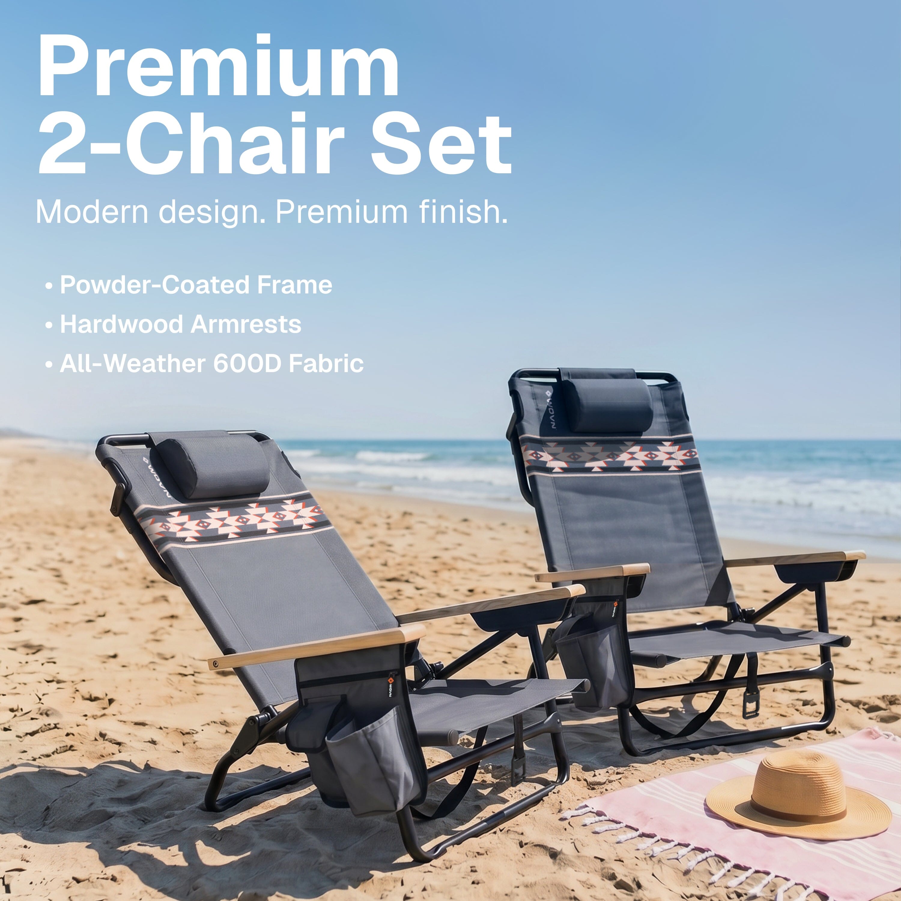 WOVN Premium Reclining Beach Chairs 2 Pack - Portable Lay Flat Folding Beach Chair for Adults - Includes Shoulder Backpack Strap, Pillow, 2 Pockets, and Cup Holder - Baja Beach Chair Playgosports.com 