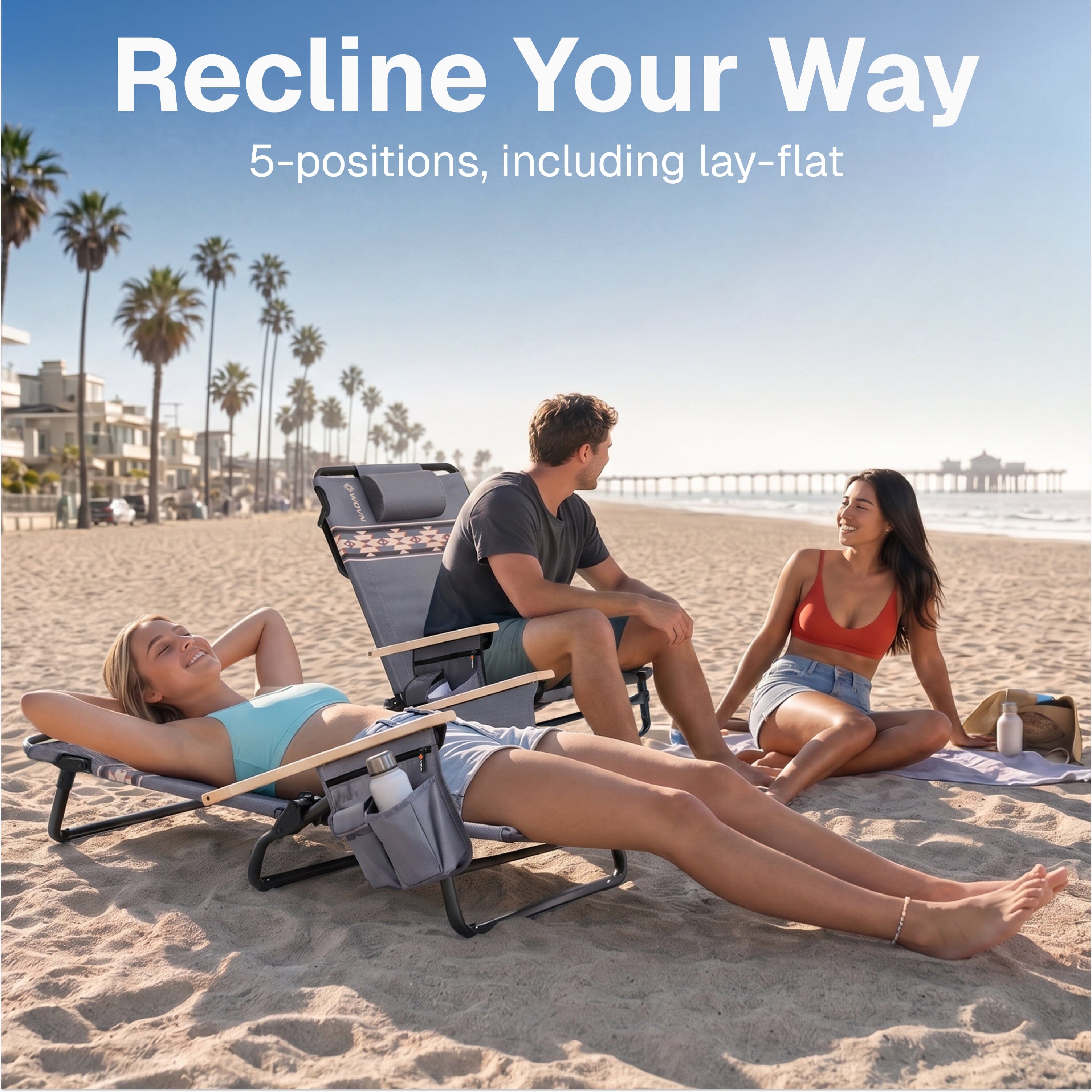 WOVN Premium Reclining Beach Chairs 2 Pack - Portable Lay Flat Folding Beach Chair for Adults - Includes Shoulder Backpack Strap, Pillow, 2 Pockets, and Cup Holder - Baja Beach Chair Playgosports.com 