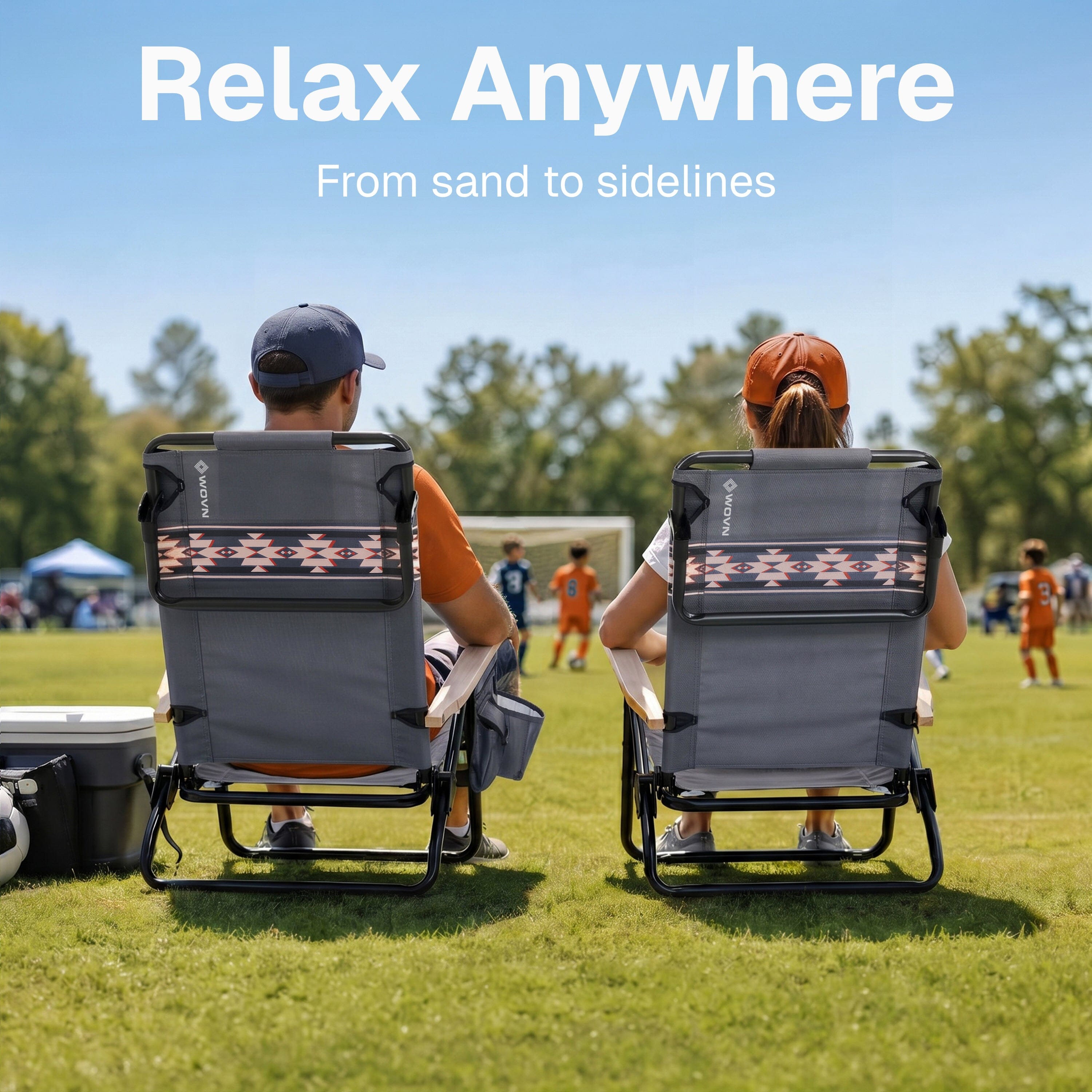 WOVN Premium Reclining Beach Chairs 2 Pack - Portable Lay Flat Folding Beach Chair for Adults - Includes Shoulder Backpack Strap, Pillow, 2 Pockets, and Cup Holder - Baja Beach Chair Playgosports.com 