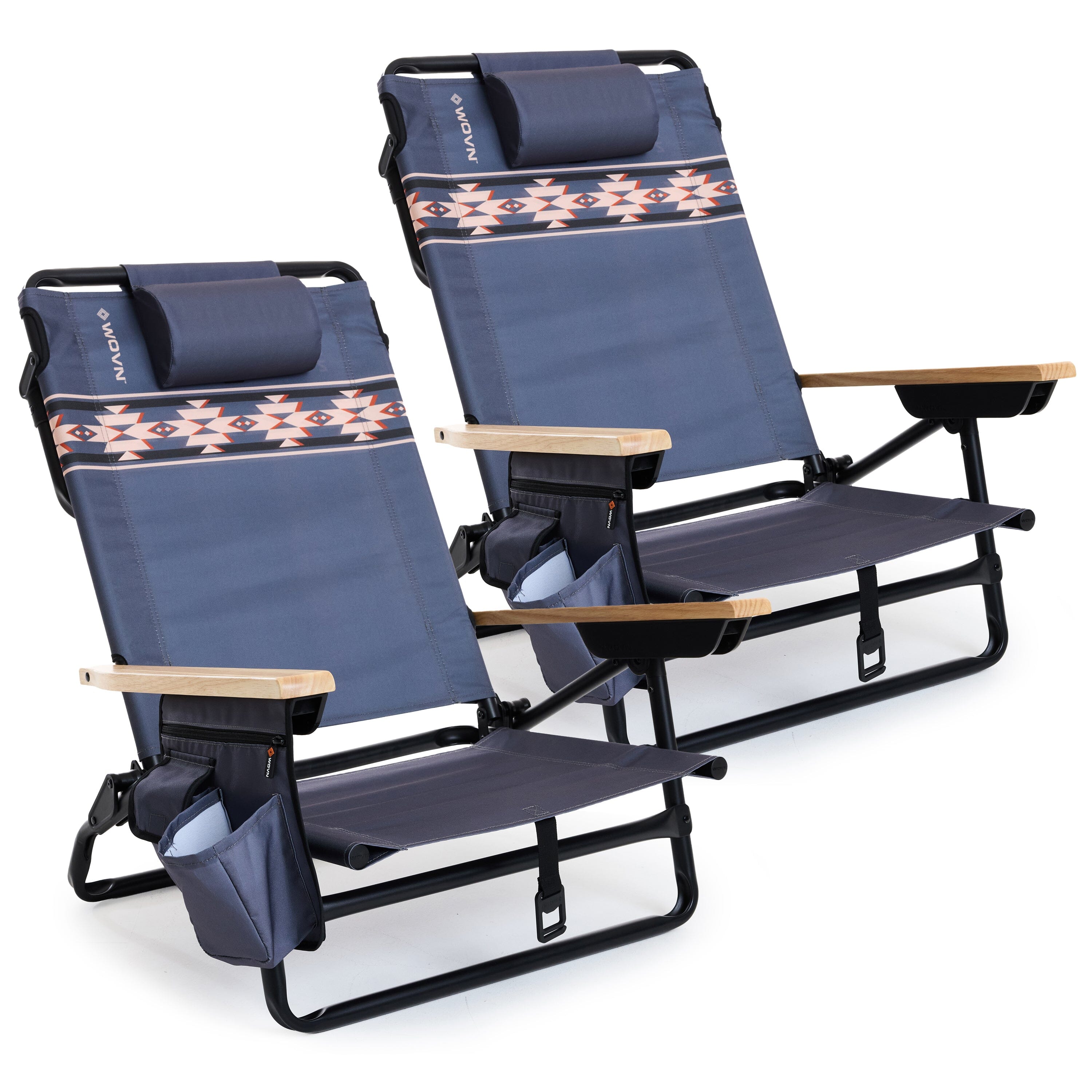 WOVN Premium Reclining Beach Chairs 2 Pack - Portable Lay Flat Folding Beach Chair for Adults - Includes Shoulder Backpack Strap, Pillow, 2 Pockets, and Cup Holder - Baja Beach Chair Playgosports.com Mesa 