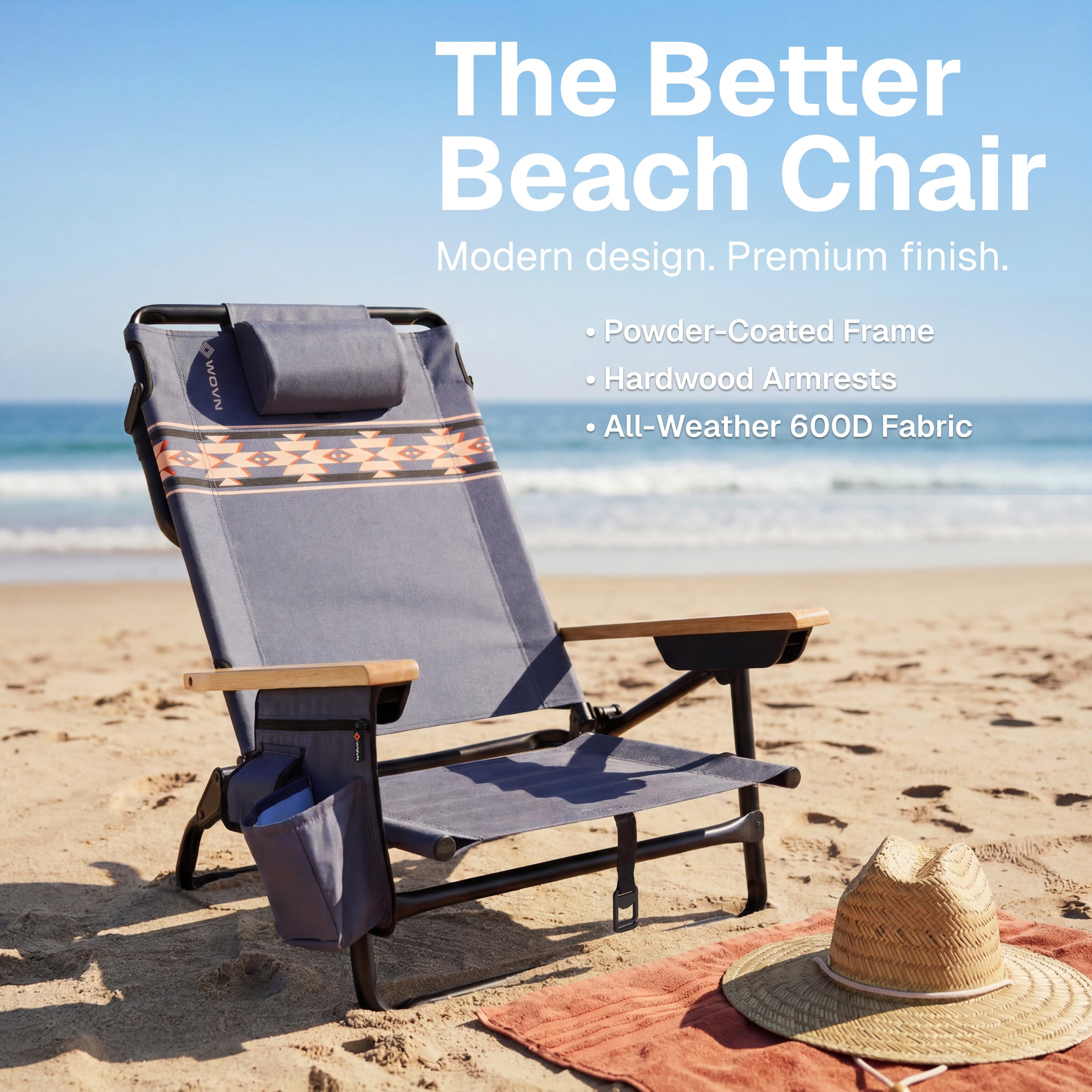 WOVN Premium Reclining Beach Chairs - Portable Lay Flat Folding Beach Chair for Adults - Includes Shoulder Backpack Strap, Pillow, 2 Pockets, and Cup Holder - Baja Beach Chair Playgosports.com 