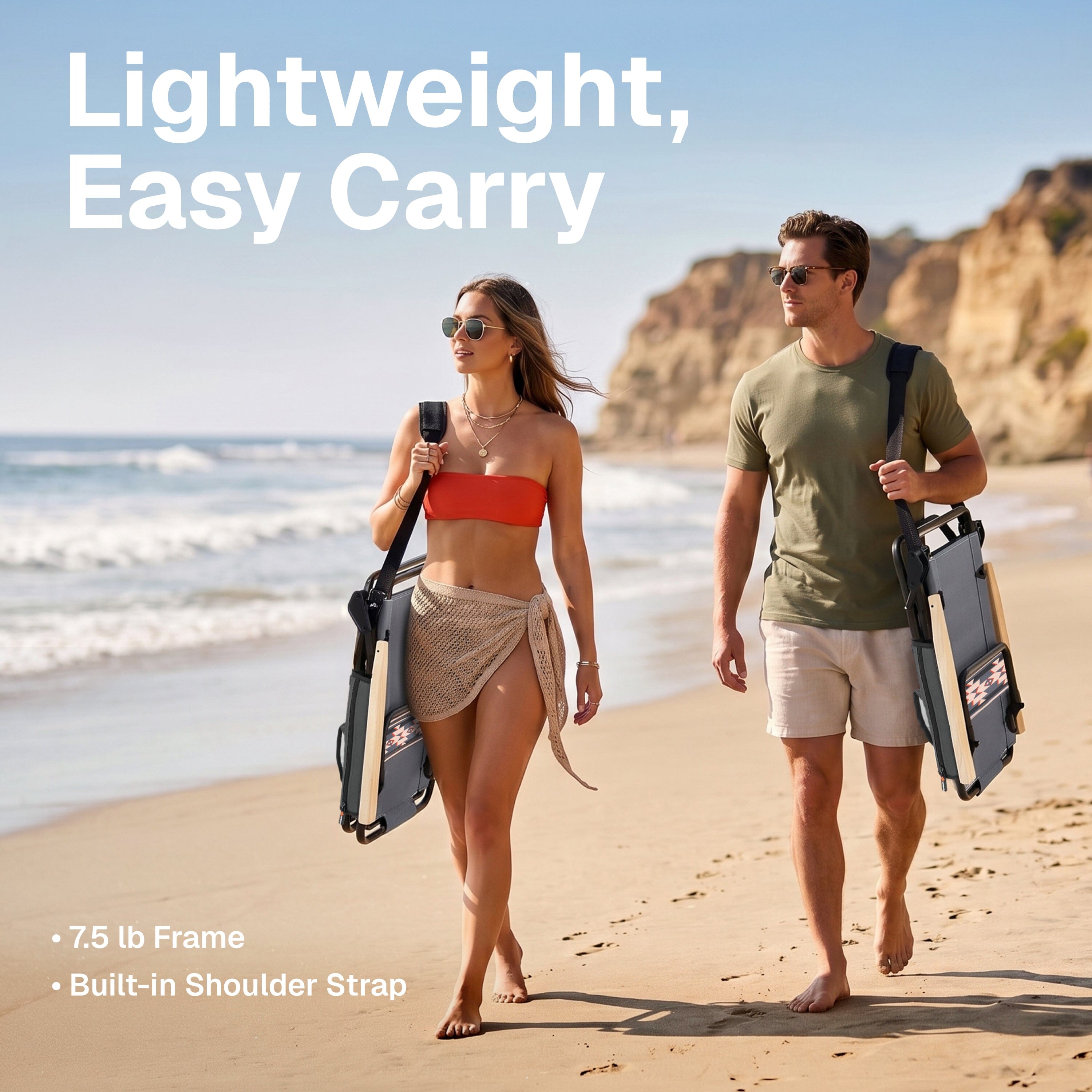 WOVN Premium Reclining Beach Chairs - Portable Lay Flat Folding Beach Chair for Adults - Includes Shoulder Backpack Strap, Pillow, 2 Pockets, and Cup Holder - Baja Beach Chair Playgosports.com 