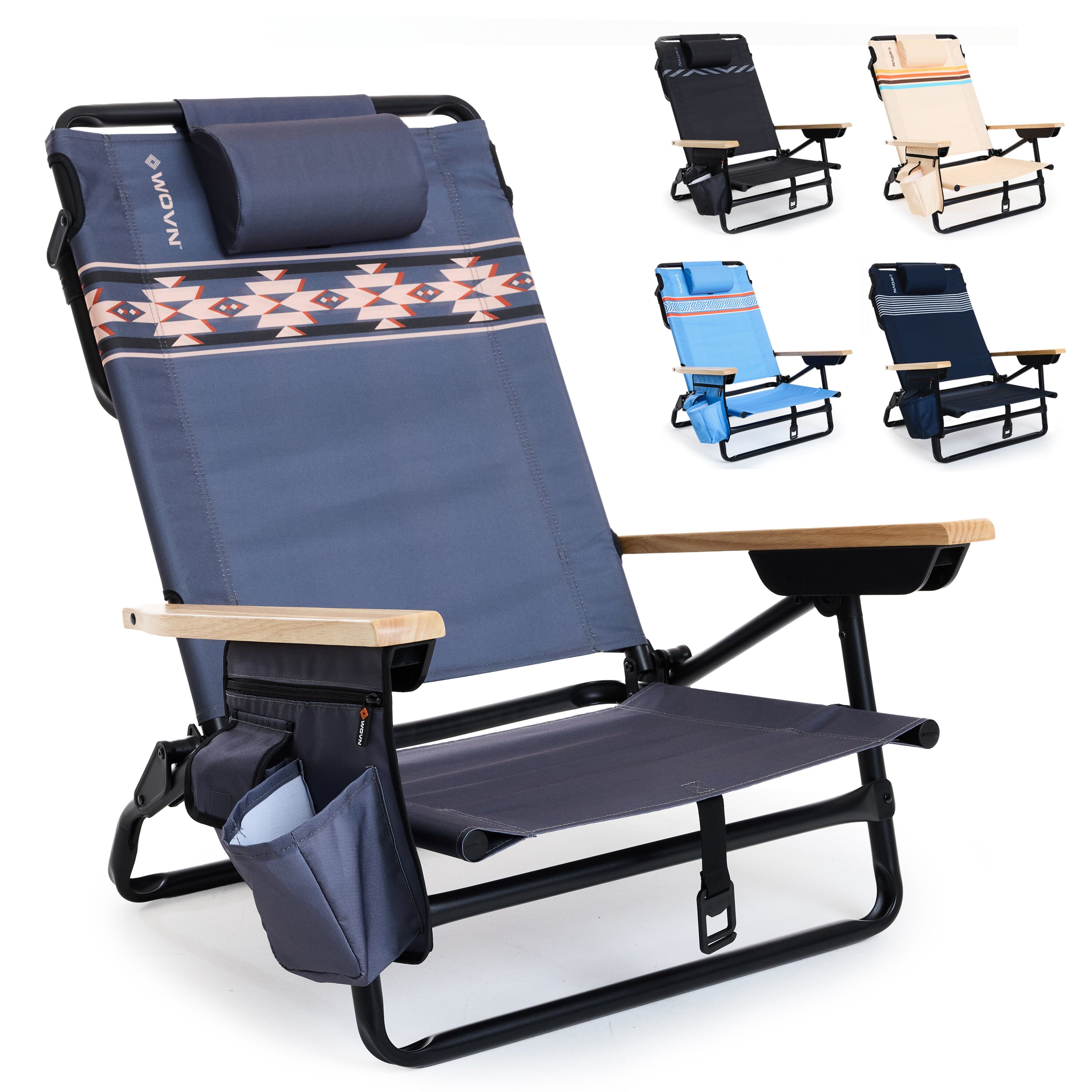 WOVN Premium Reclining Beach Chairs - Portable Lay Flat Folding Beach Chair for Adults - Includes Shoulder Backpack Strap, Pillow, 2 Pockets, and Cup Holder - Baja Beach Chair Playgosports.com Mesa 