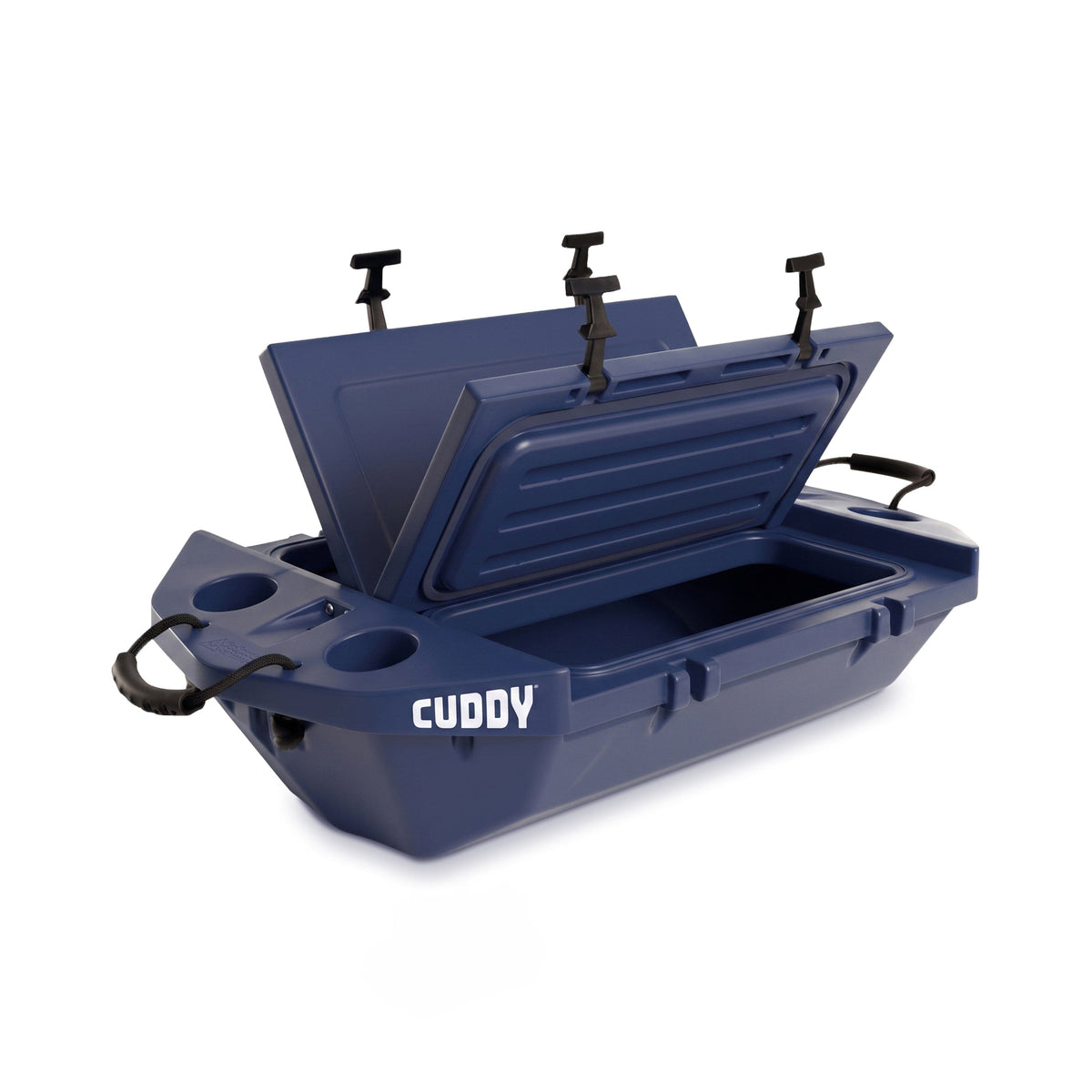 Navy Cuddy 40 qt floating cooler with lid open, 4 latches, 4 cup holders & black side handles on white