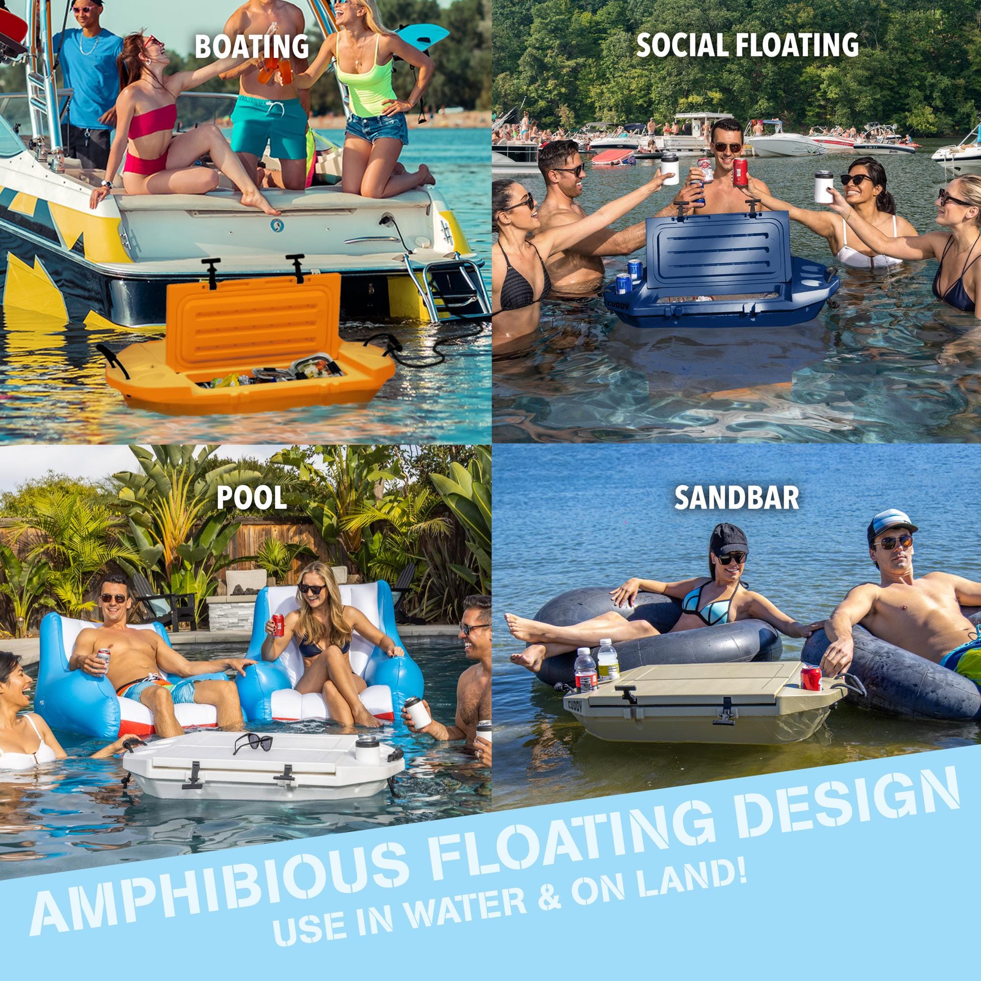 four panel displaying cooler floating in river pool and boat