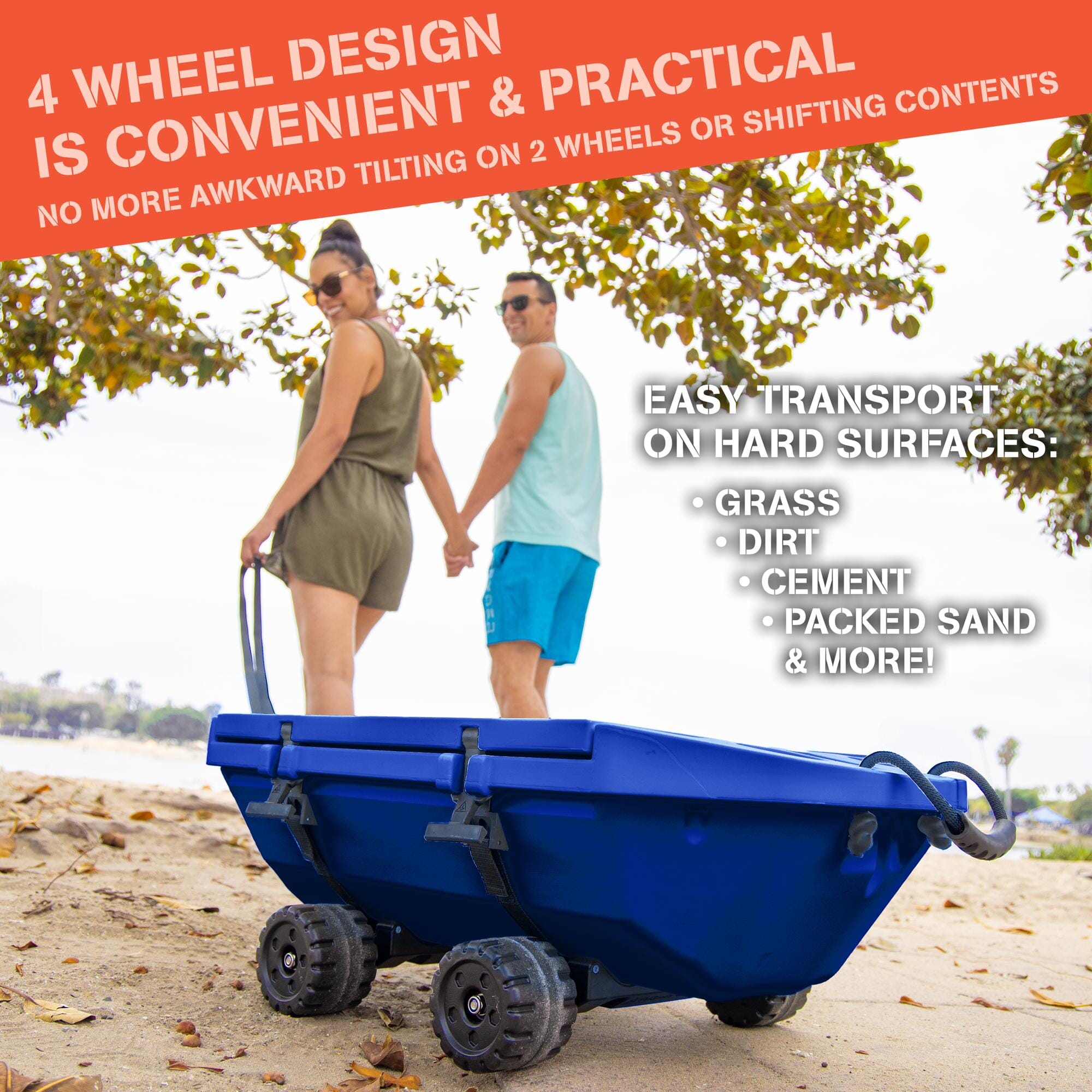 man and woman pulling cuddy cooler with wheels on sand