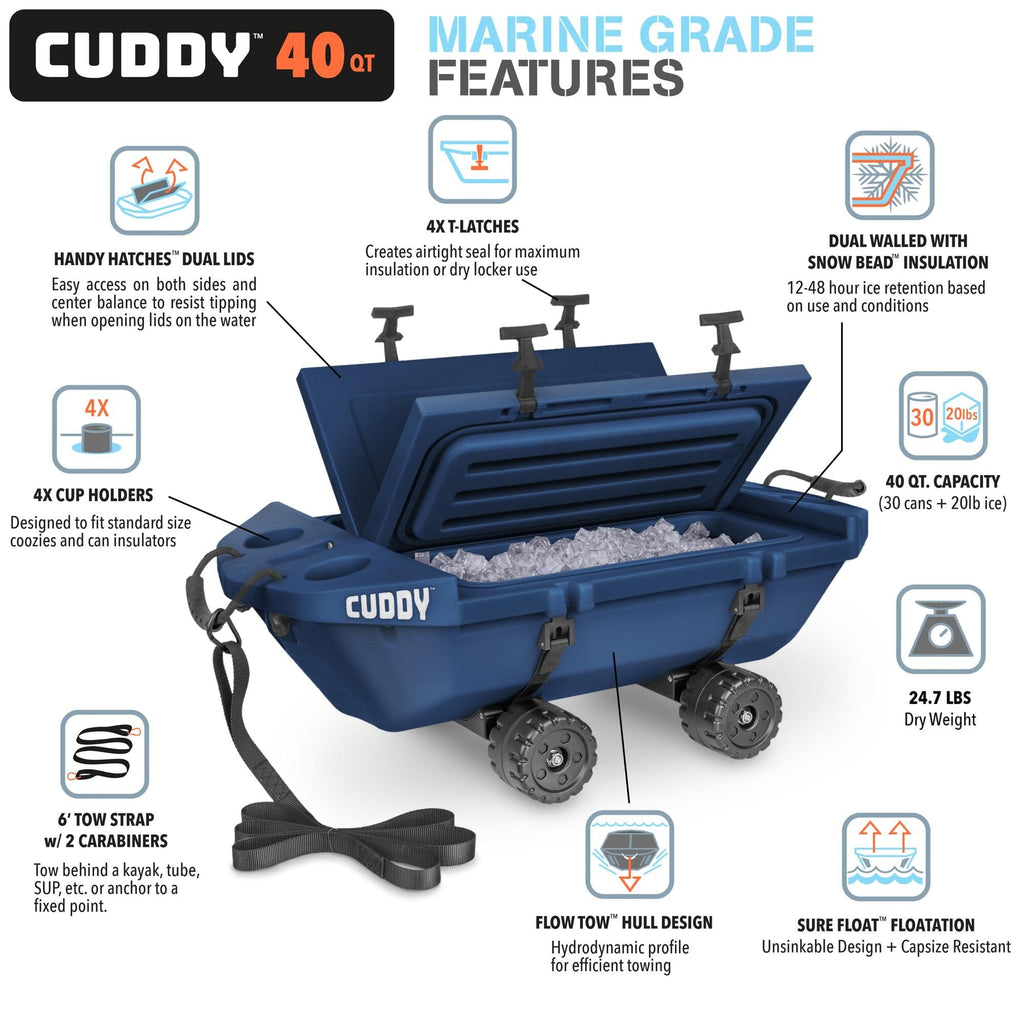Cuddy 40 QT Floating Cooler and Dry Storage Vessel with Cuddy Crawler Wheel Kit - Navy GoSports 