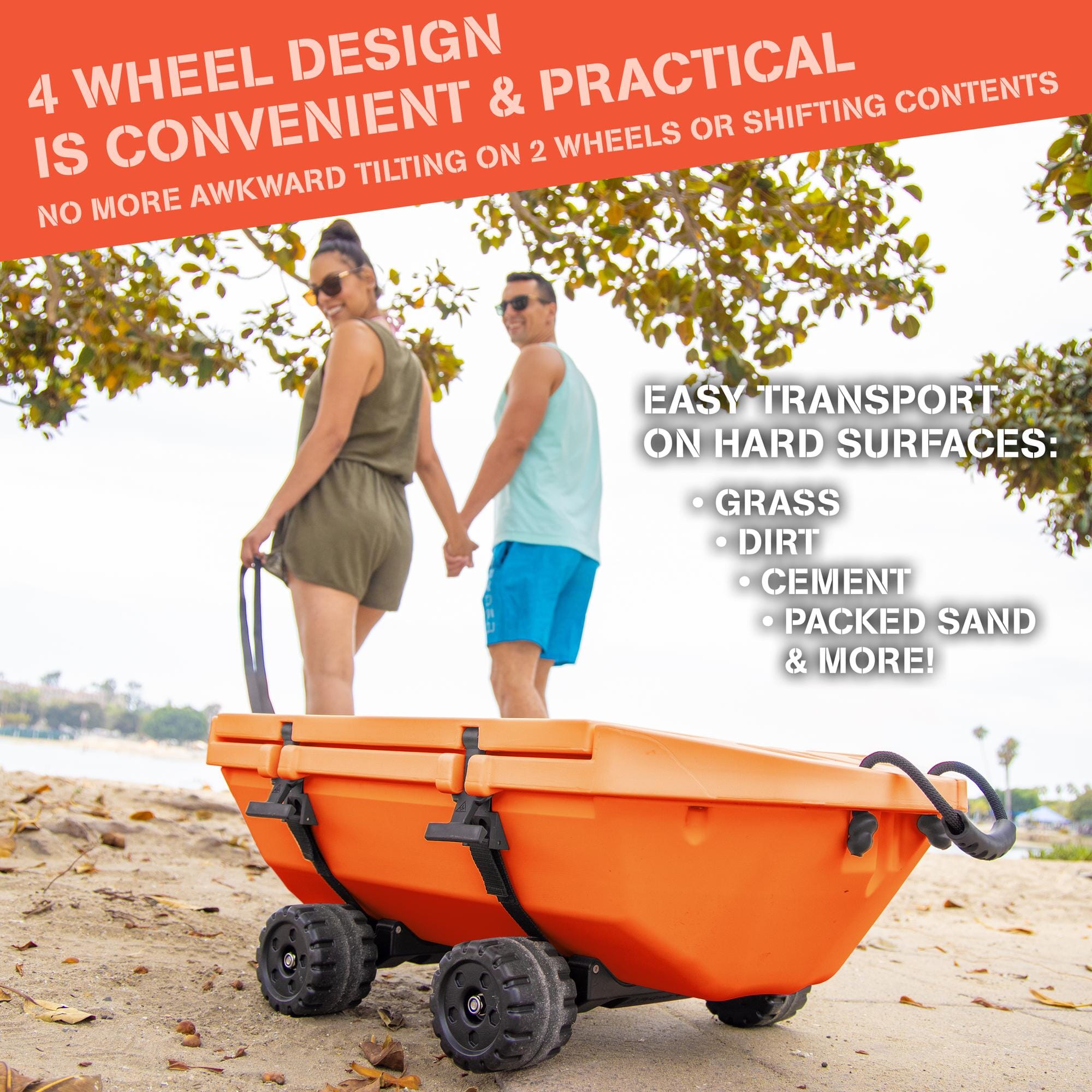 man and woman pulling cuddy cooler with wheels on sand