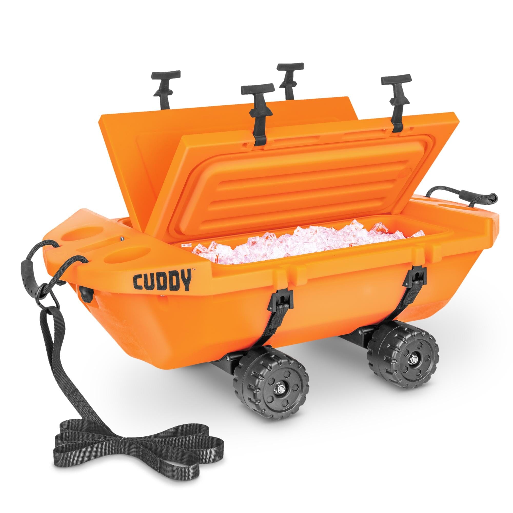 the orange cooler with wheels and handles