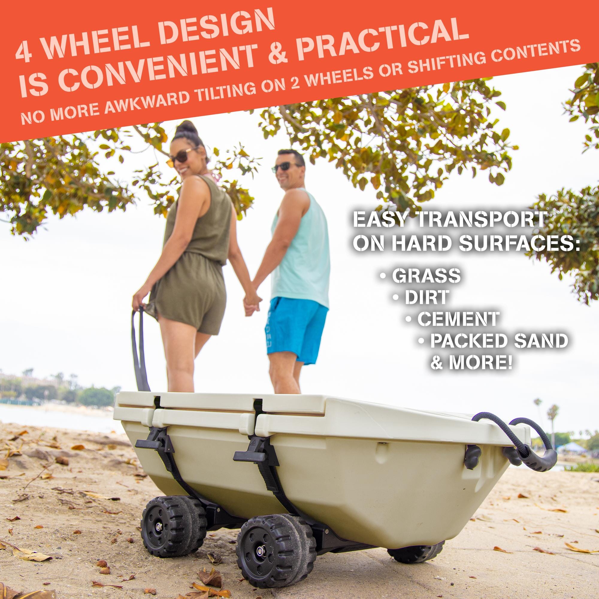 man and woman pulling cuddy cooler with wheels on sand