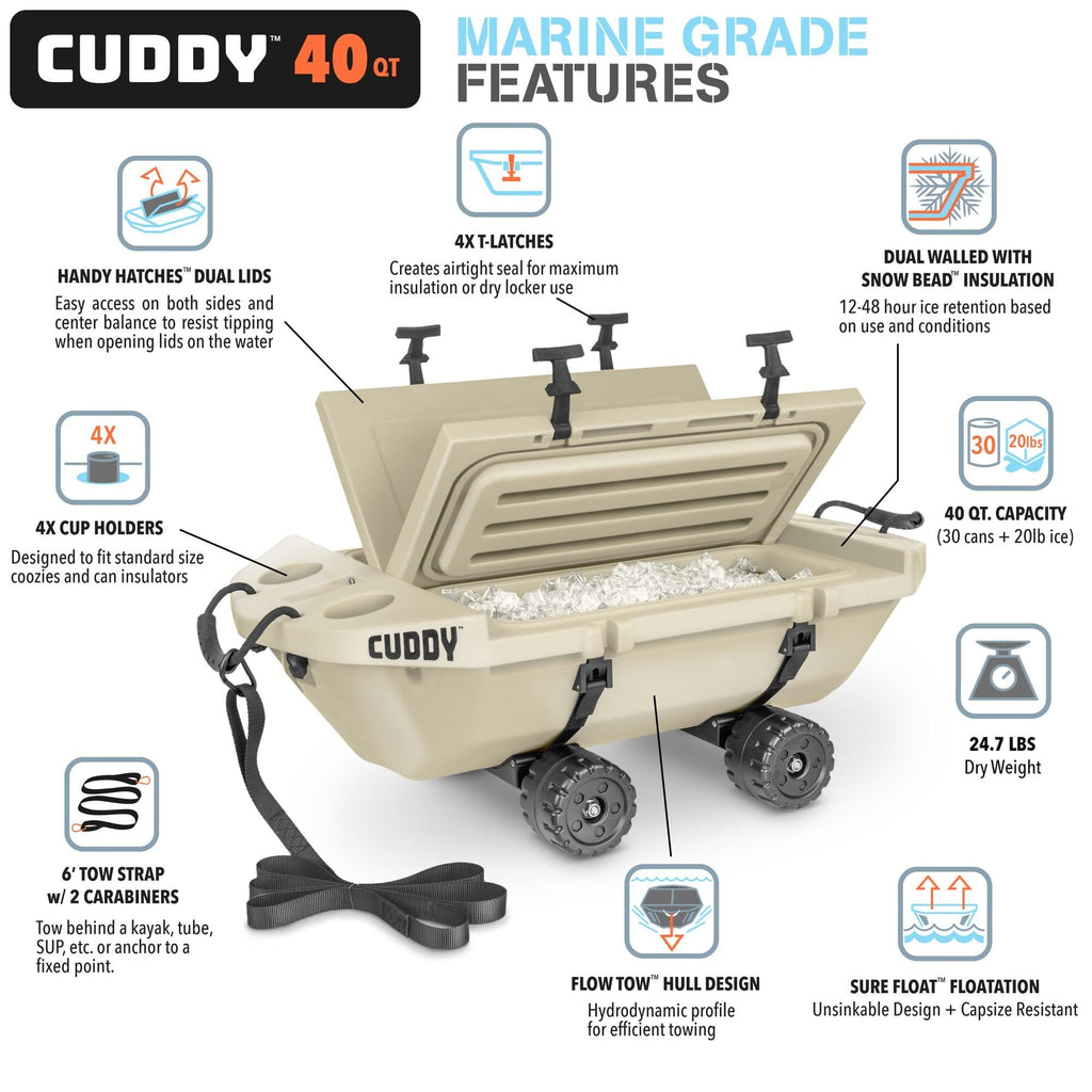 Cuddy 40 QT Floating Cooler and Dry Storage Vessel with Cuddy Crawler Wheel Kit - Tan GoSports 