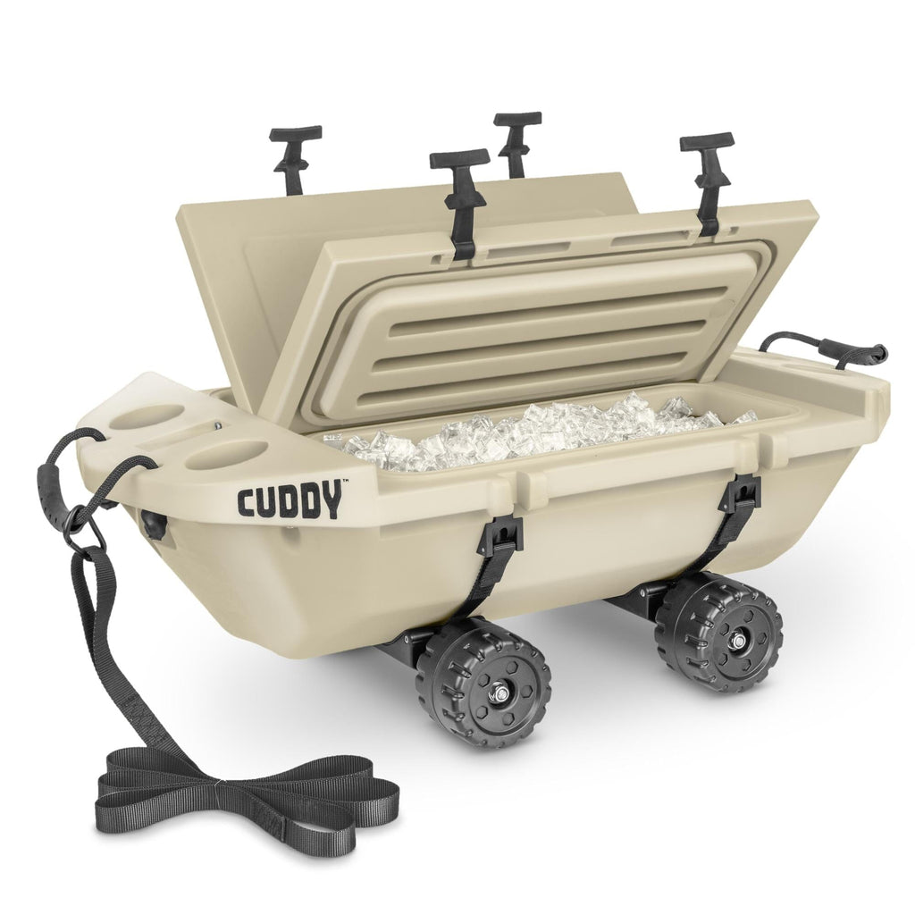 Cuddy 40 QT Floating Cooler and Dry Storage Vessel with Cuddy Crawler Wheel Kit - Tan GoSports 