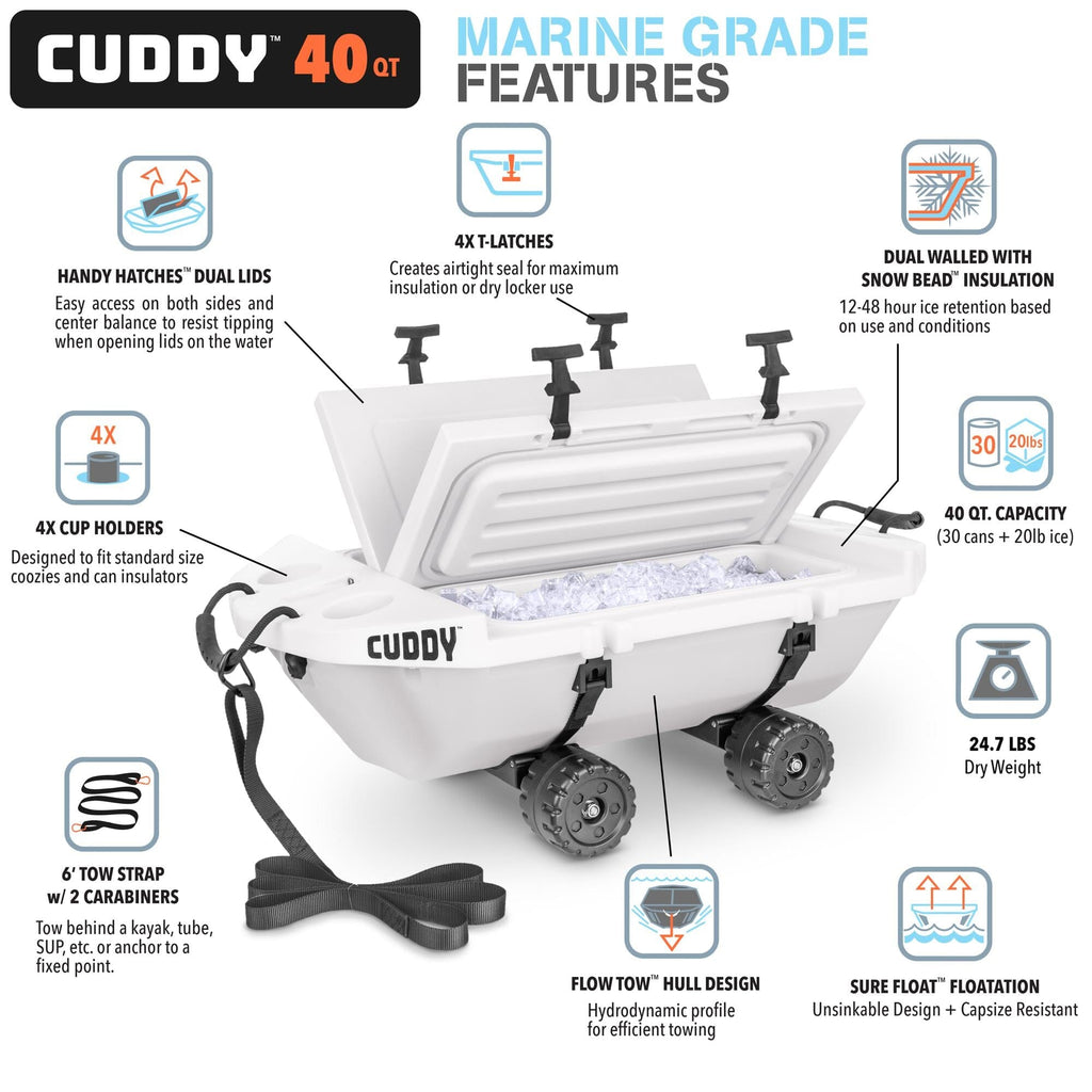 Cuddy 40 QT Floating Cooler and Dry Storage Vessel with Cuddy Crawler Wheel Kit - White GoSports 