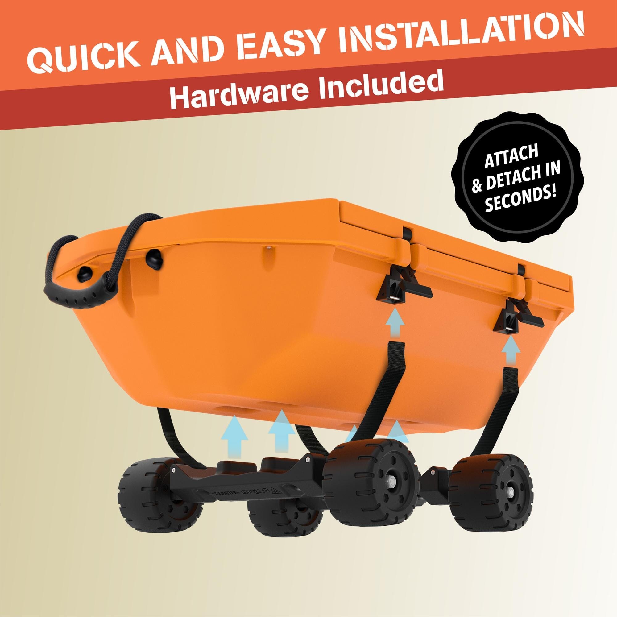 orange cooler above a wheel set words display ' quick and easy installation'